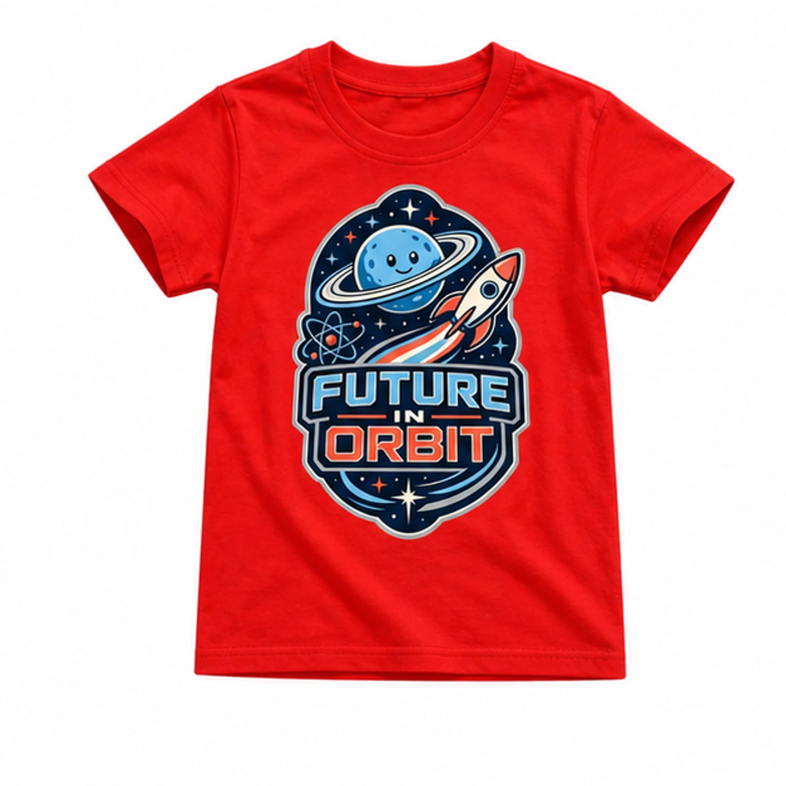 Future in Orbit Custom Kids Classic Short-Sleeve T-Shirt, AI-redrawn from the exact blank product and approved logo reference, alternate clean ecommerce view