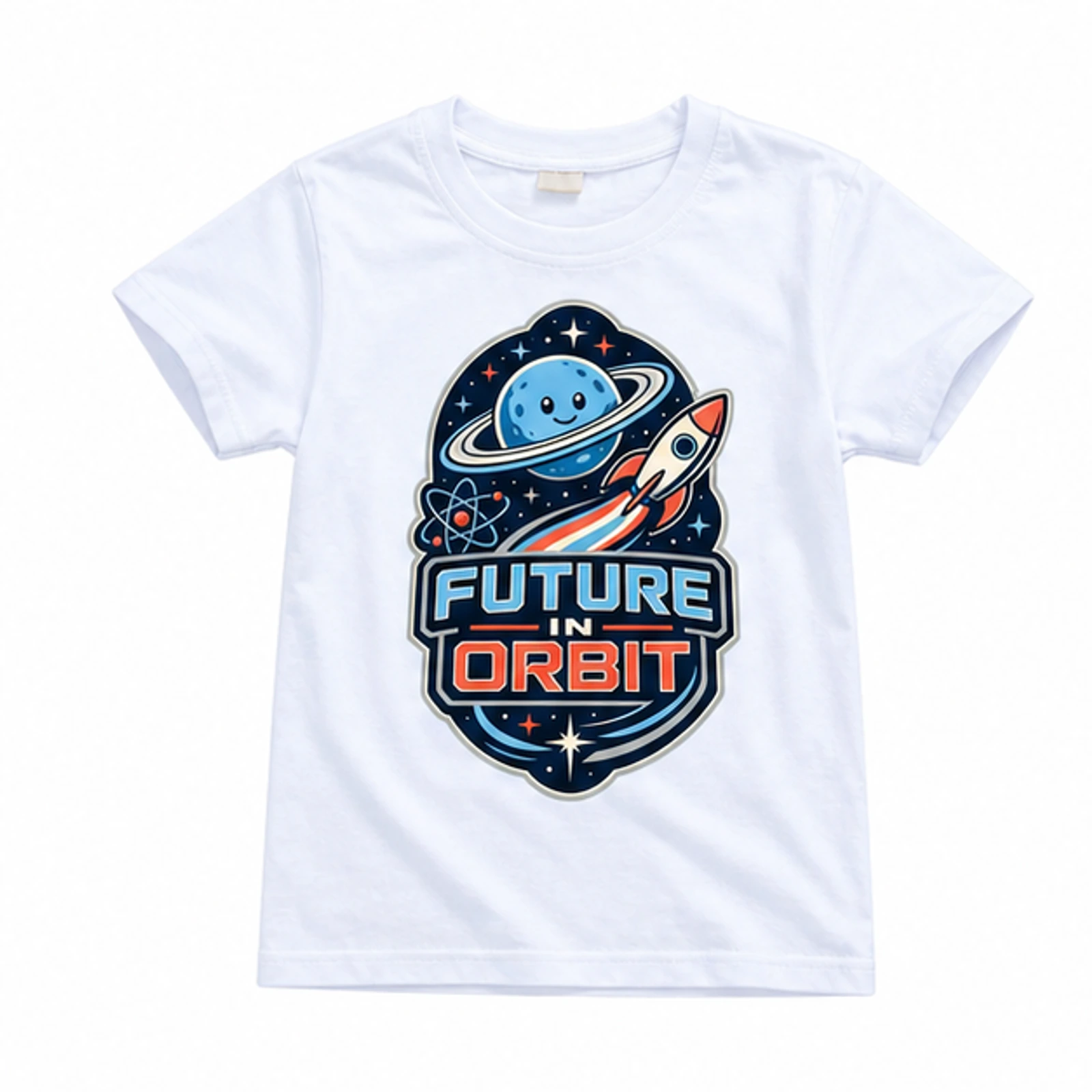 Future in Orbit Custom Kids Classic Short-Sleeve T-Shirt, AI-redrawn from the exact blank product and approved logo reference