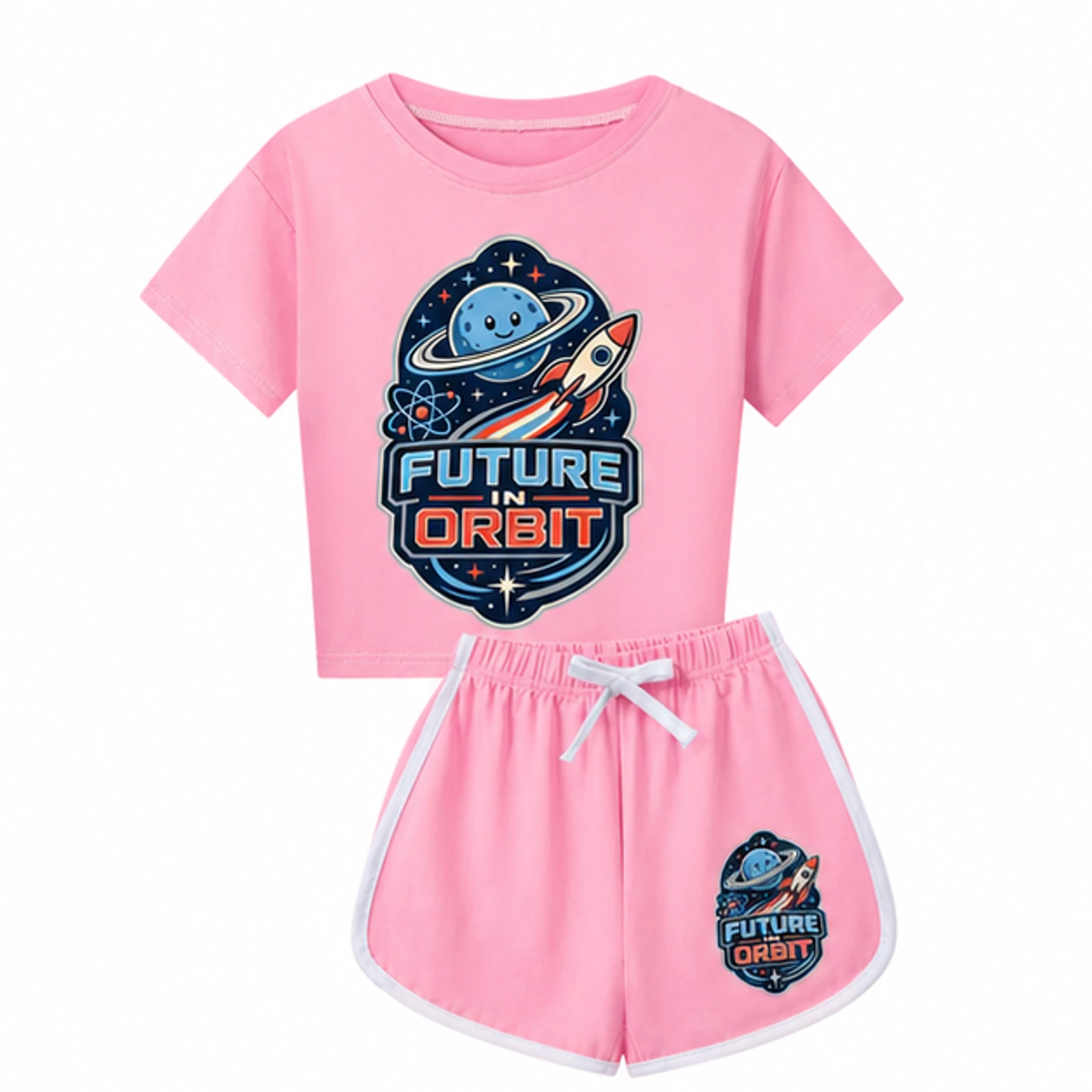 Pink option for Future in Orbit Custom Kids Checker Short-Sleeve Top and Shorts Set, AI-redrawn from the exact blank product and approved logo reference