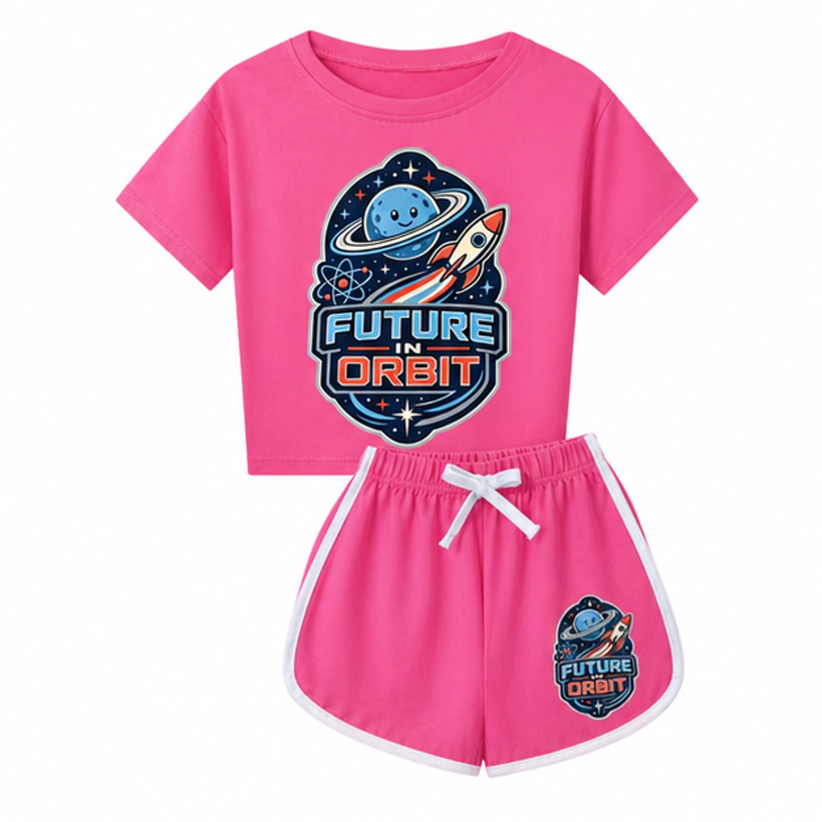 Future in Orbit Custom Kids Checker Short-Sleeve Top and Shorts Set, AI-redrawn from the exact blank product and approved logo reference, alternate clean ecommerce view