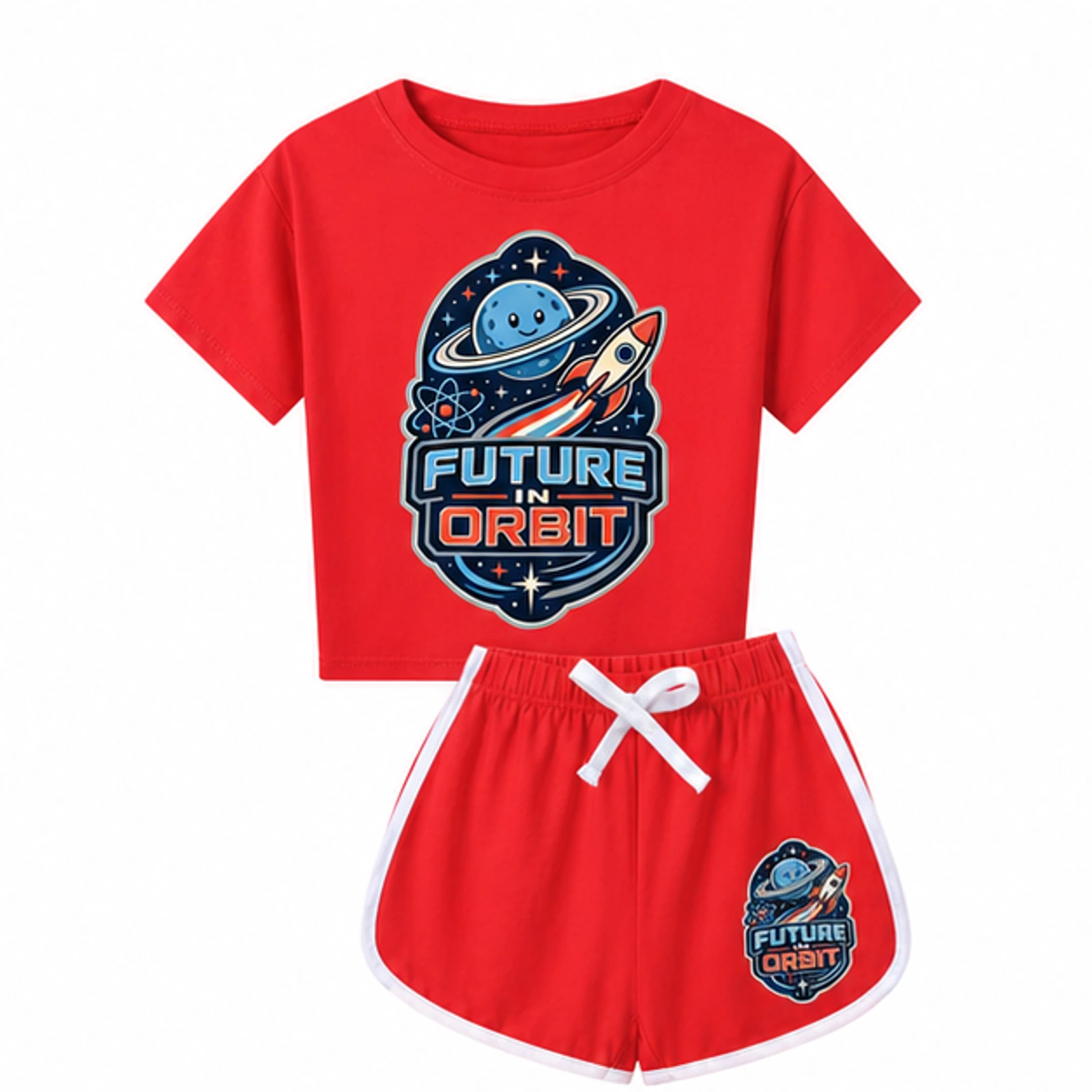 Future in Orbit Custom Kids Checker Short-Sleeve Top and Shorts Set, AI-redrawn from the exact blank product and approved logo reference