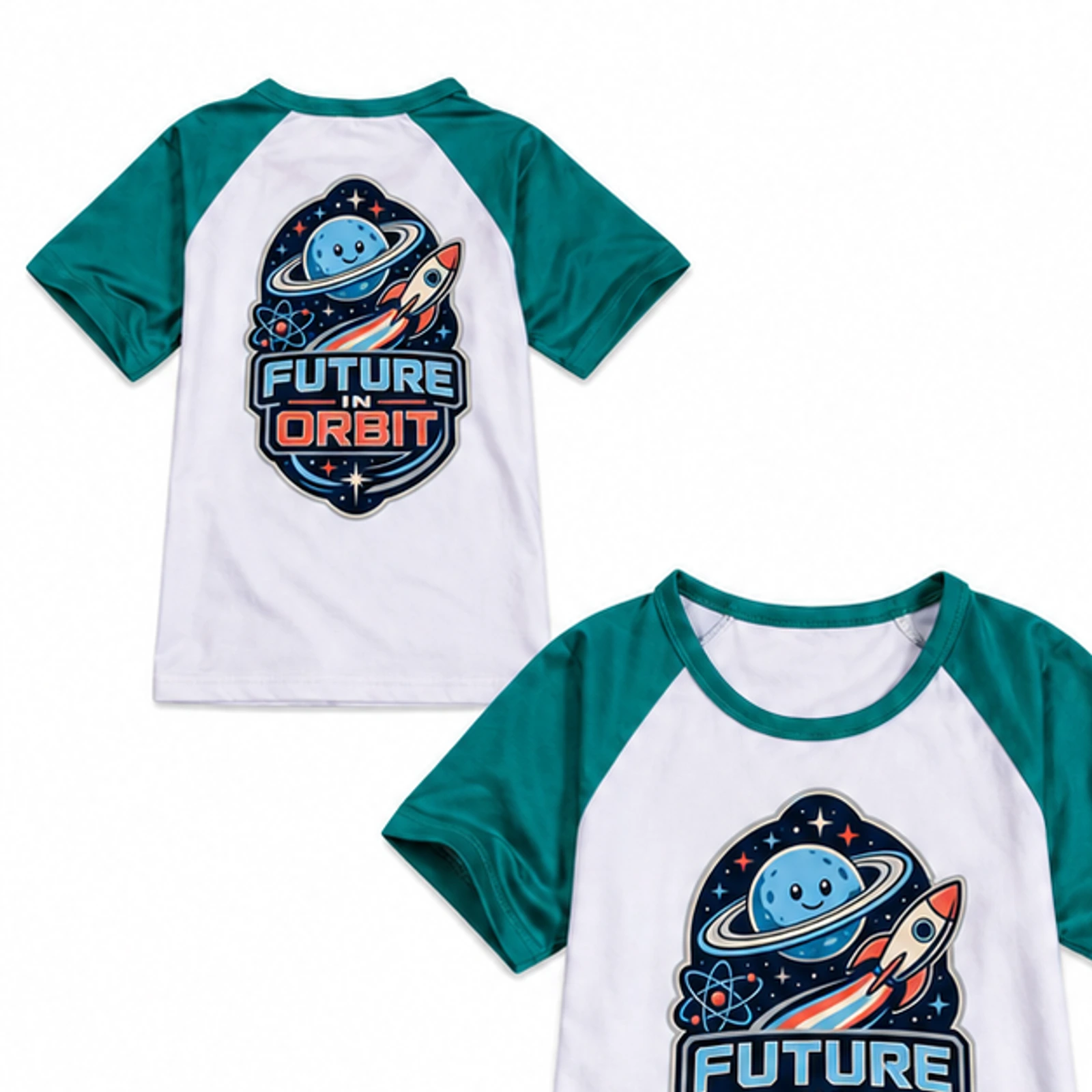 Future in Orbit Custom Kids Color-Block T-Shirt, AI-redrawn from the exact blank product and approved logo reference, alternate approved color view