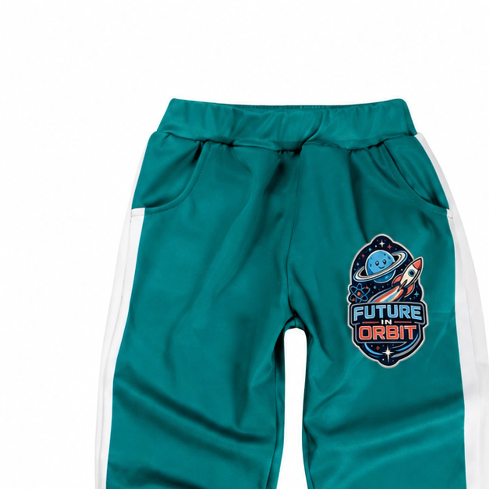 Future in Orbit Custom Kids Color-Block Tracksuit Pants, AI-redrawn from the exact blank product and approved logo reference, alternate clean ecommerce view