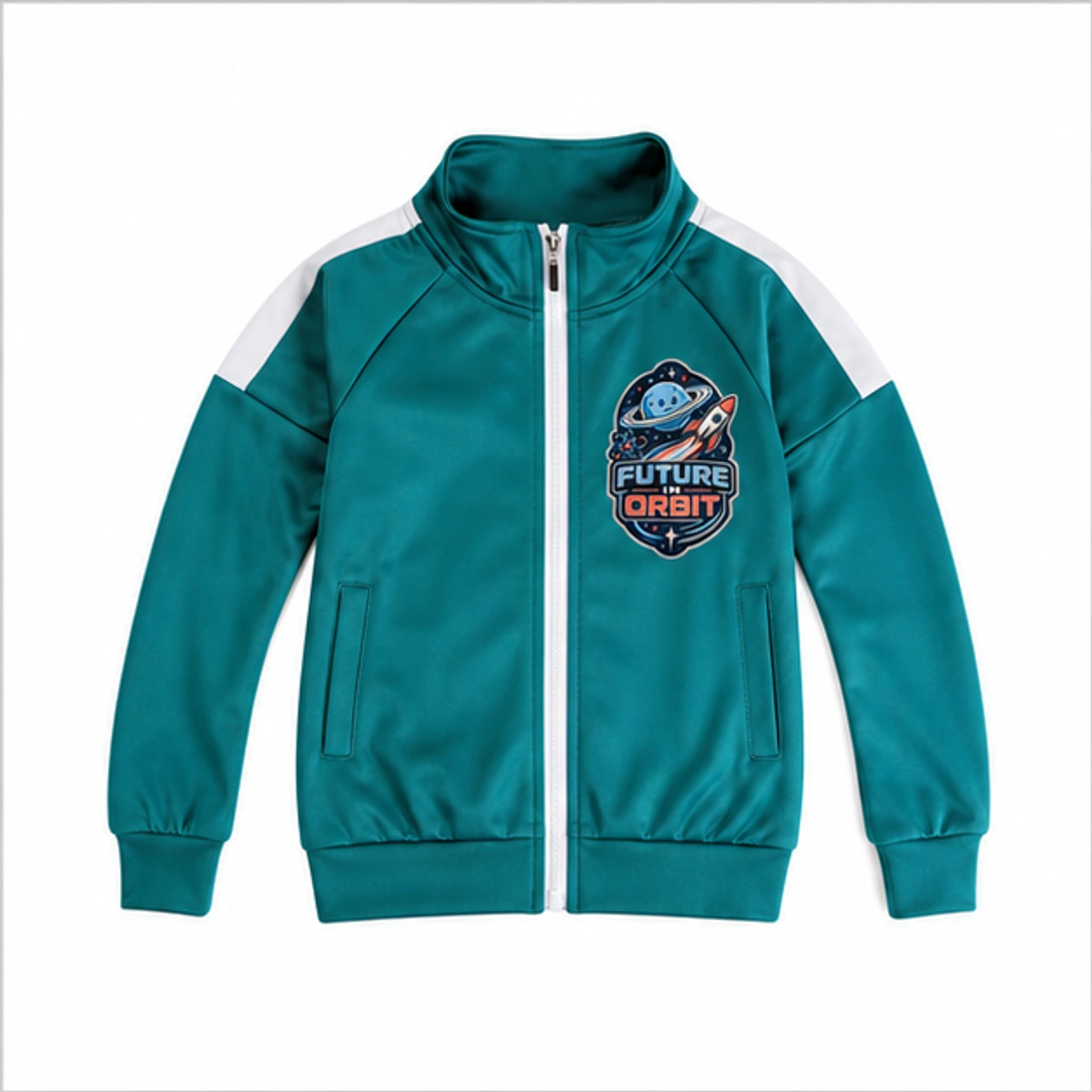 Future in Orbit Custom Kids Color-Block Zip Jacket, AI-redrawn from the exact blank product and approved logo reference, alternate clean ecommerce view