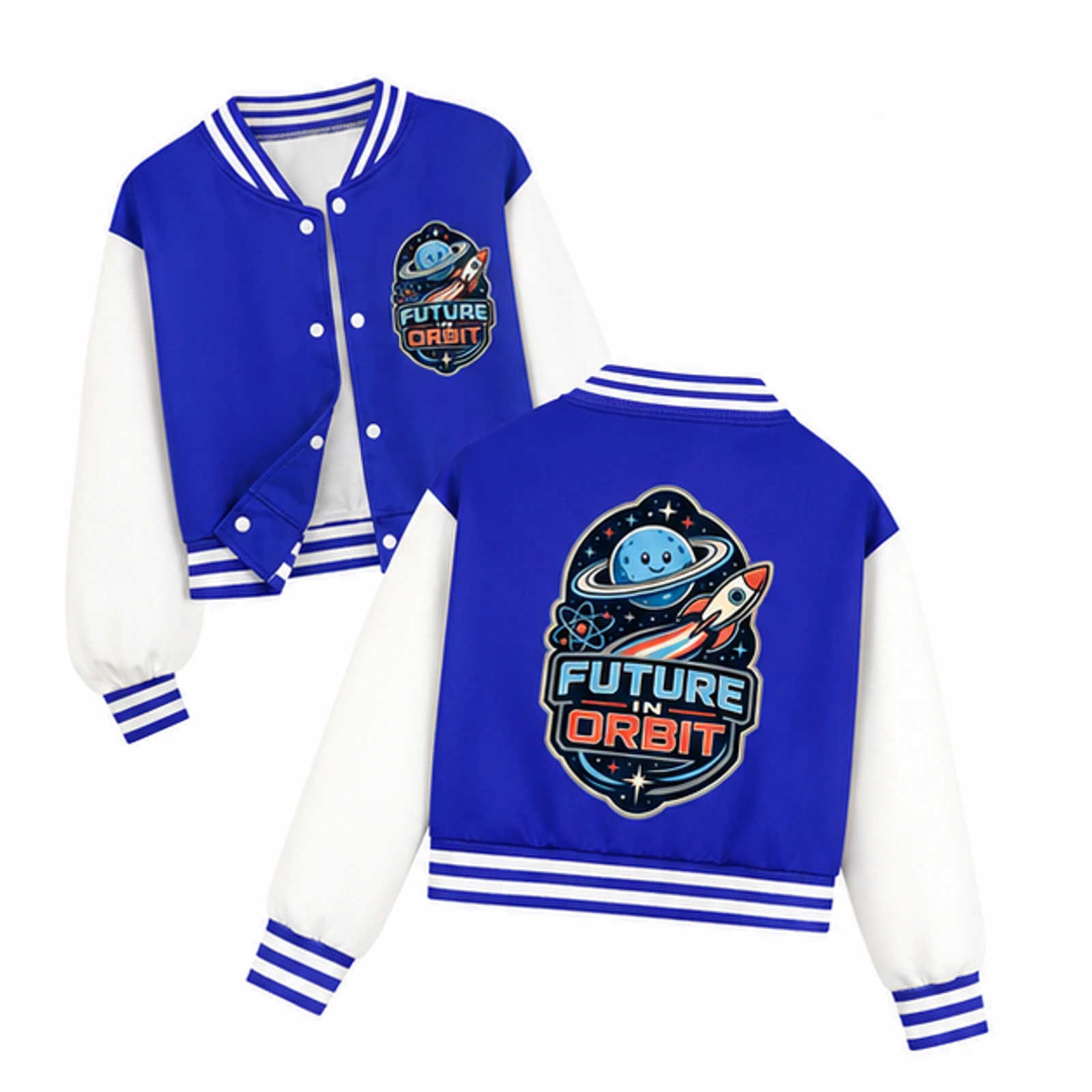 Blue option for Future in Orbit Custom Kids Cropped Baseball Jacket, AI-redrawn from the exact blank product and approved logo reference