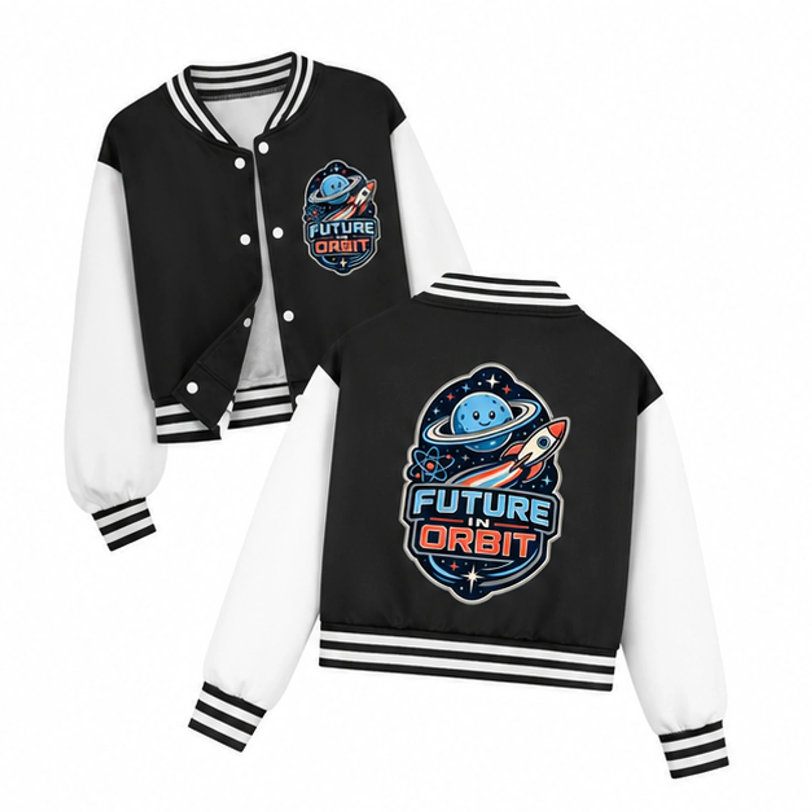 Black option for Future in Orbit Custom Kids Cropped Baseball Jacket, AI-redrawn from the exact blank product and approved logo reference