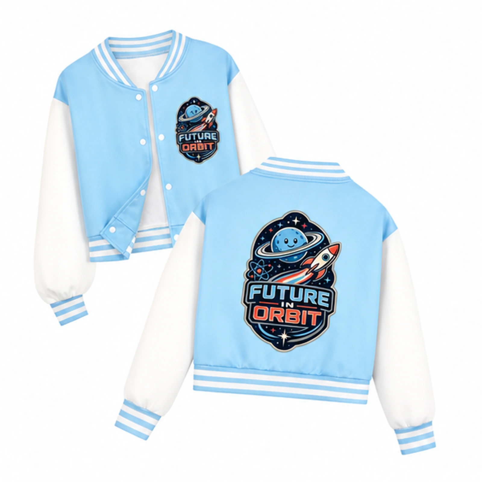 Future in Orbit Custom Kids Cropped Baseball Jacket, AI-redrawn from the exact blank product and approved logo reference, alternate clean ecommerce view