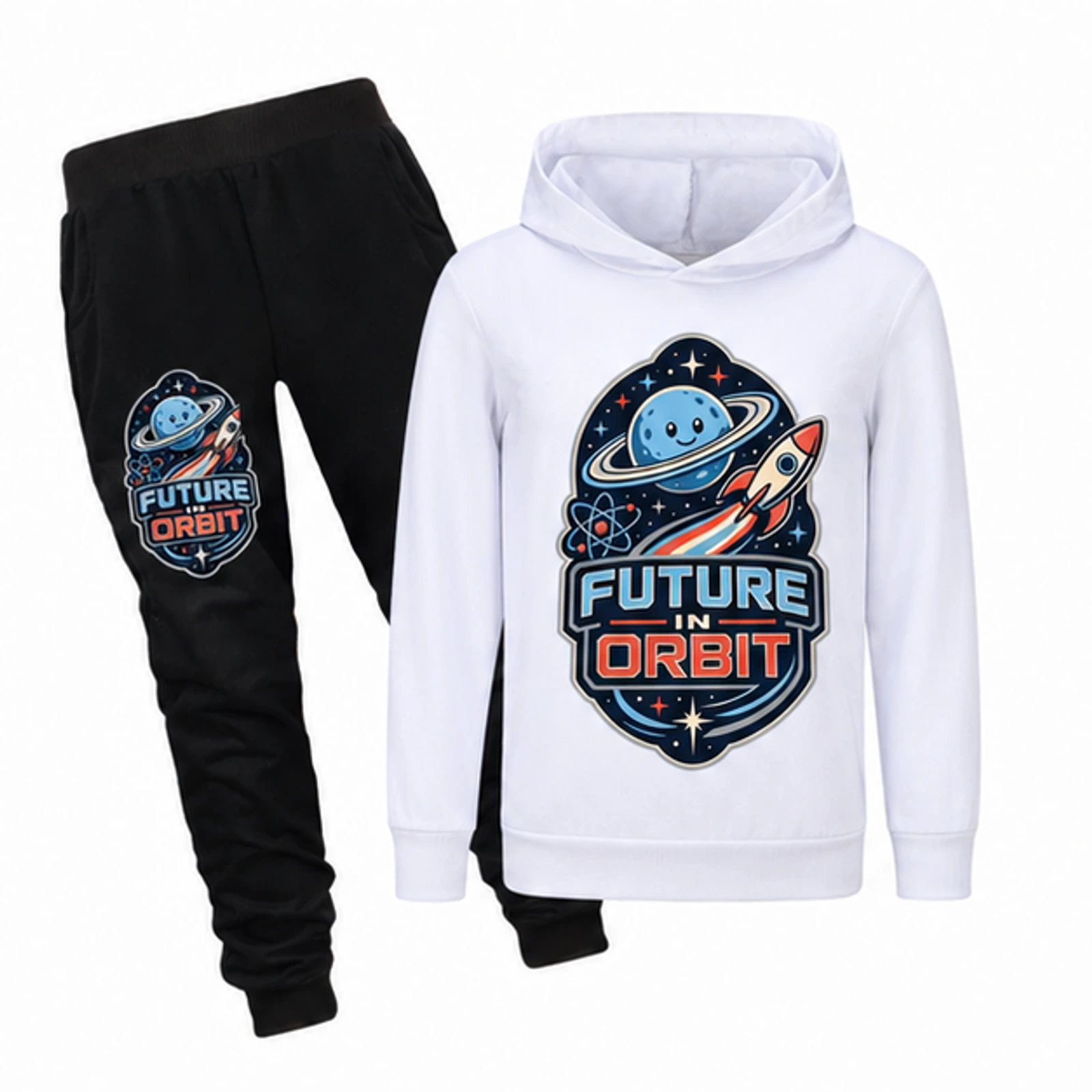 White option for Future in Orbit Custom Kids Hoodie and Jogger Set, AI-redrawn from the exact blank product and approved logo reference