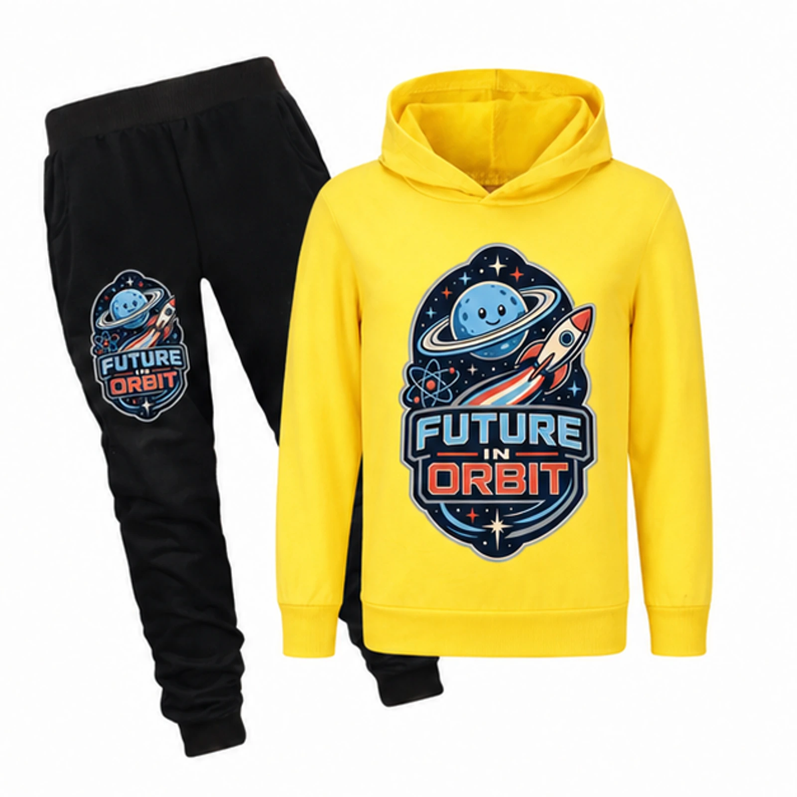 Future in Orbit Custom Kids Hoodie and Jogger Set, AI-redrawn from the exact blank product and approved logo reference, alternate approved color view