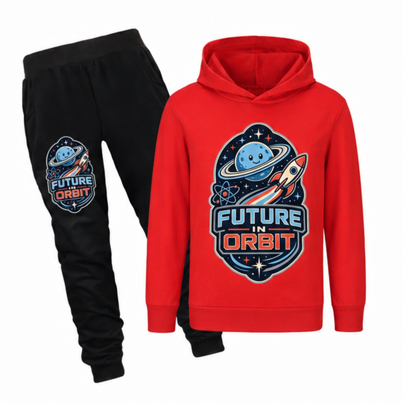 Future in Orbit Custom Kids Hoodie and Jogger Set, AI-redrawn from the exact blank product and approved logo reference, alternate clean ecommerce view