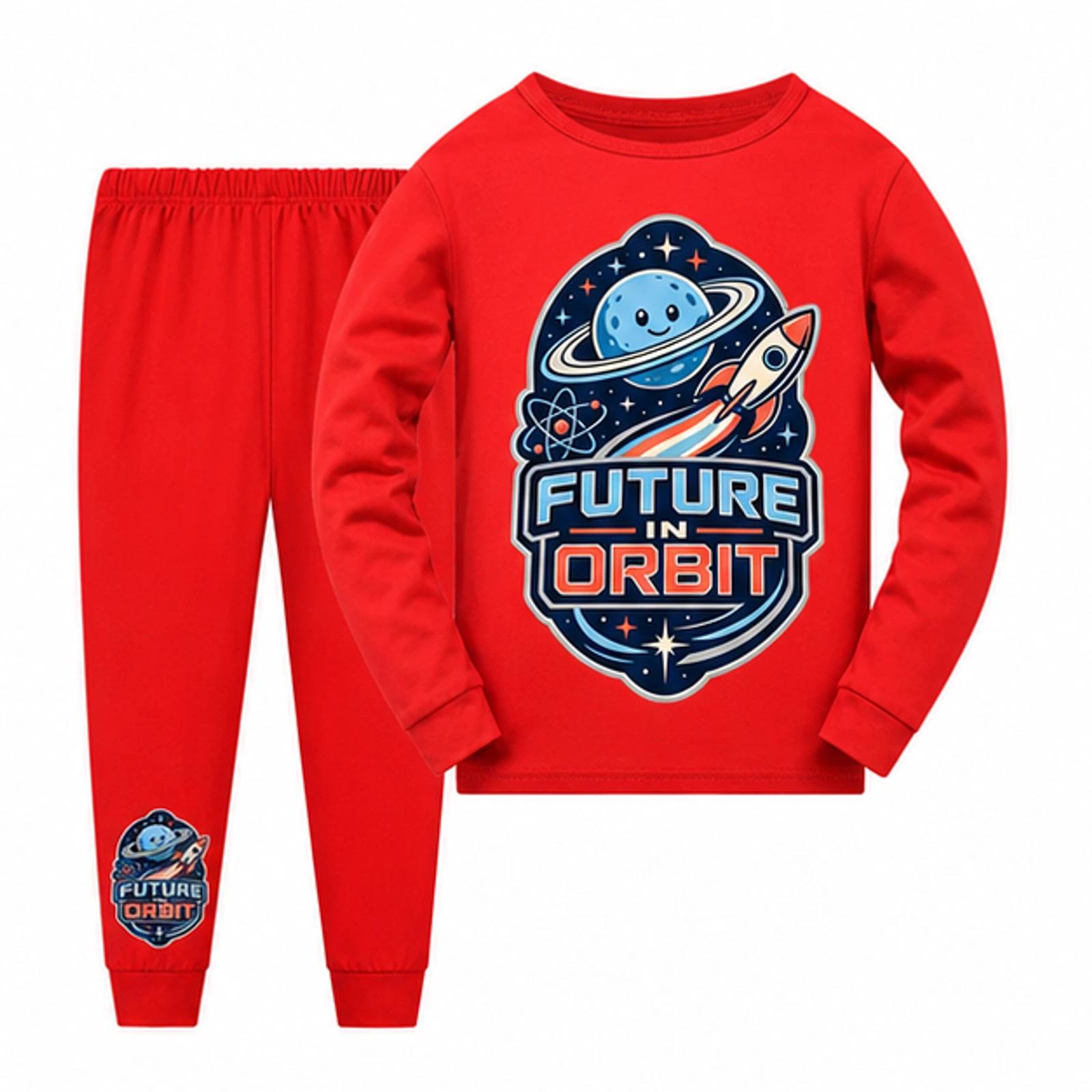 Red · Set option for Future in Orbit Custom Kids Long Pajama Set, AI-redrawn from the exact blank product and approved logo reference