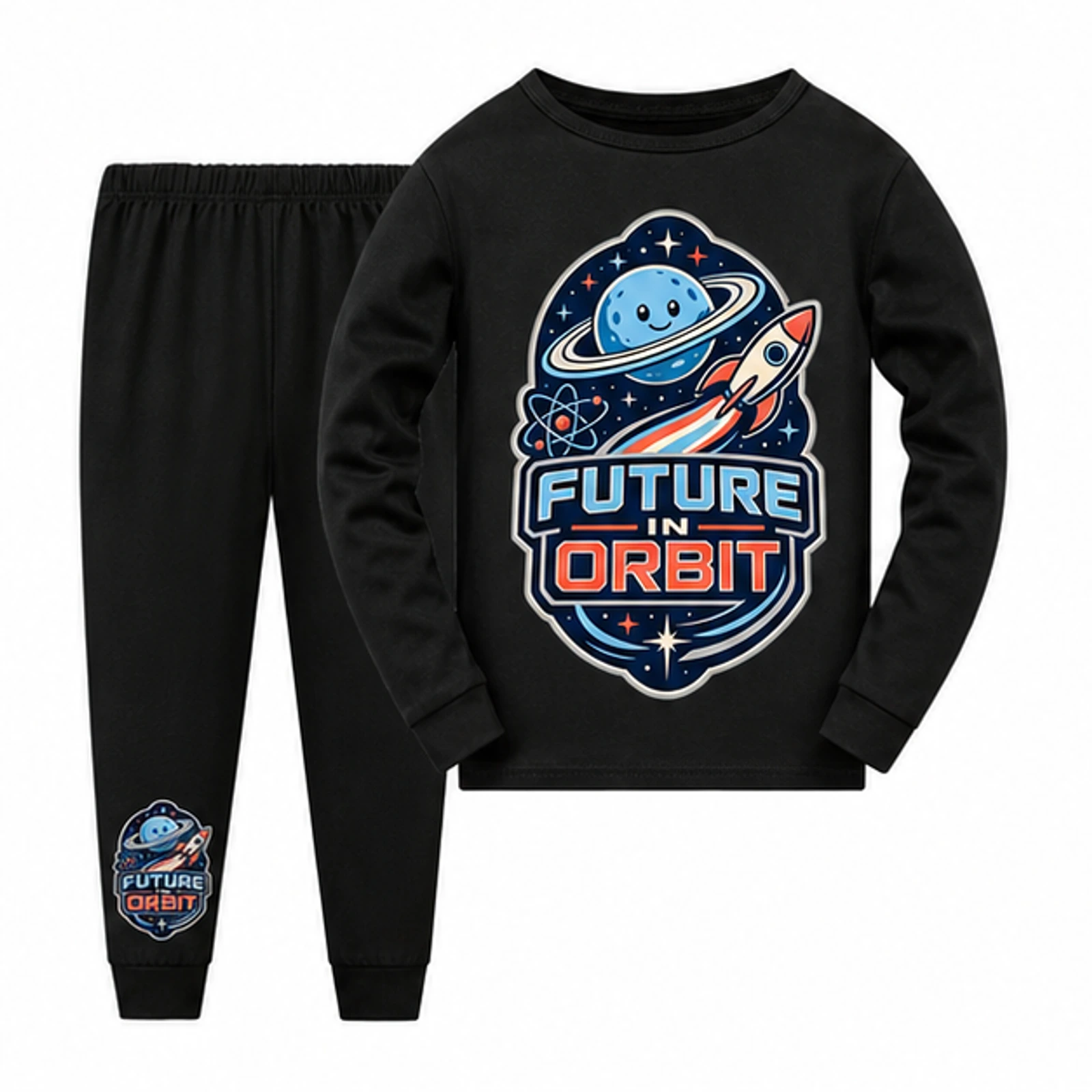 Future in Orbit Custom Kids Long Pajama Set, AI-redrawn from the exact blank product and approved logo reference, alternate clean ecommerce view