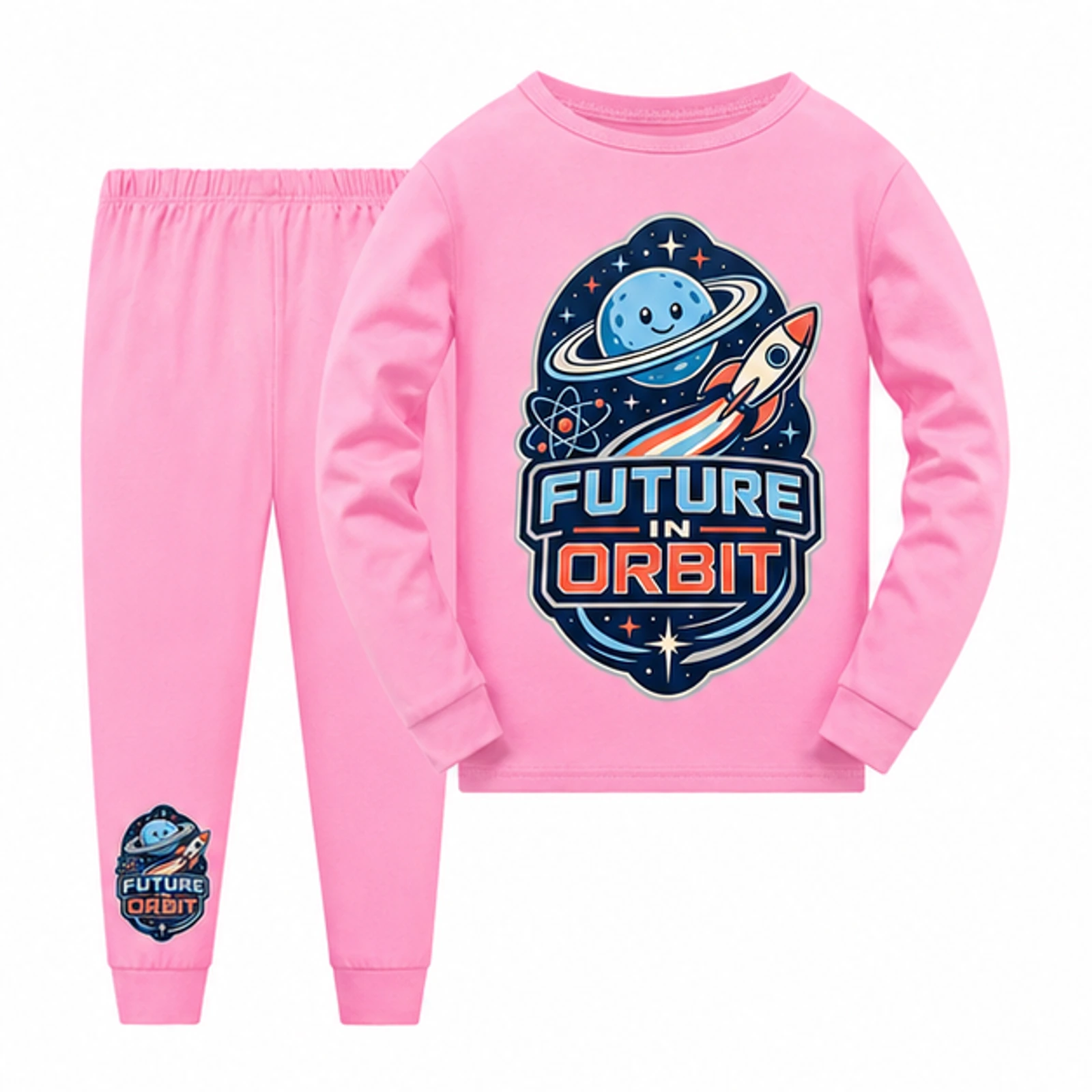 Future in Orbit Custom Kids Long Pajama Set, AI-redrawn from the exact blank product and approved logo reference