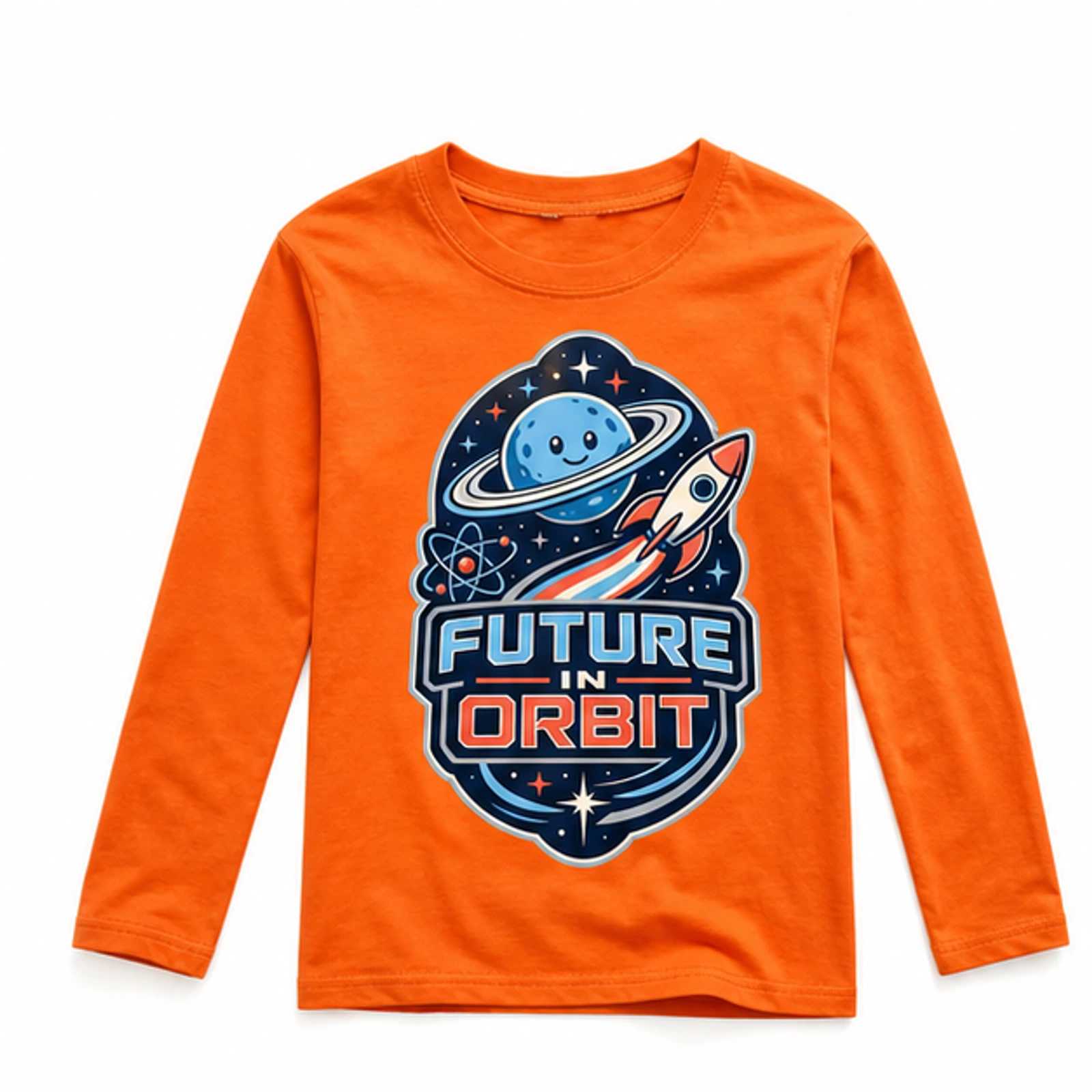 Orange option for Future in Orbit Custom Kids Long-Sleeve T-Shirt, AI-redrawn from the exact blank product and approved logo reference