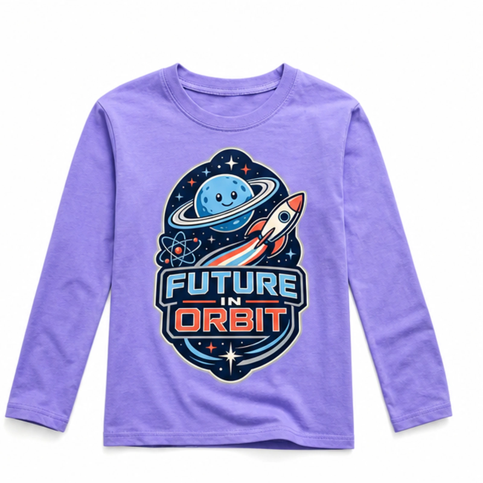 Purple option for Future in Orbit Custom Kids Long-Sleeve T-Shirt, AI-redrawn from the exact blank product and approved logo reference