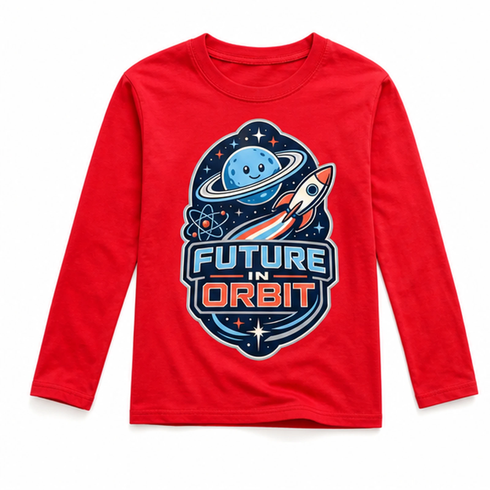 Future in Orbit Custom Kids Long-Sleeve T-Shirt, AI-redrawn from the exact blank product and approved logo reference, alternate clean ecommerce view