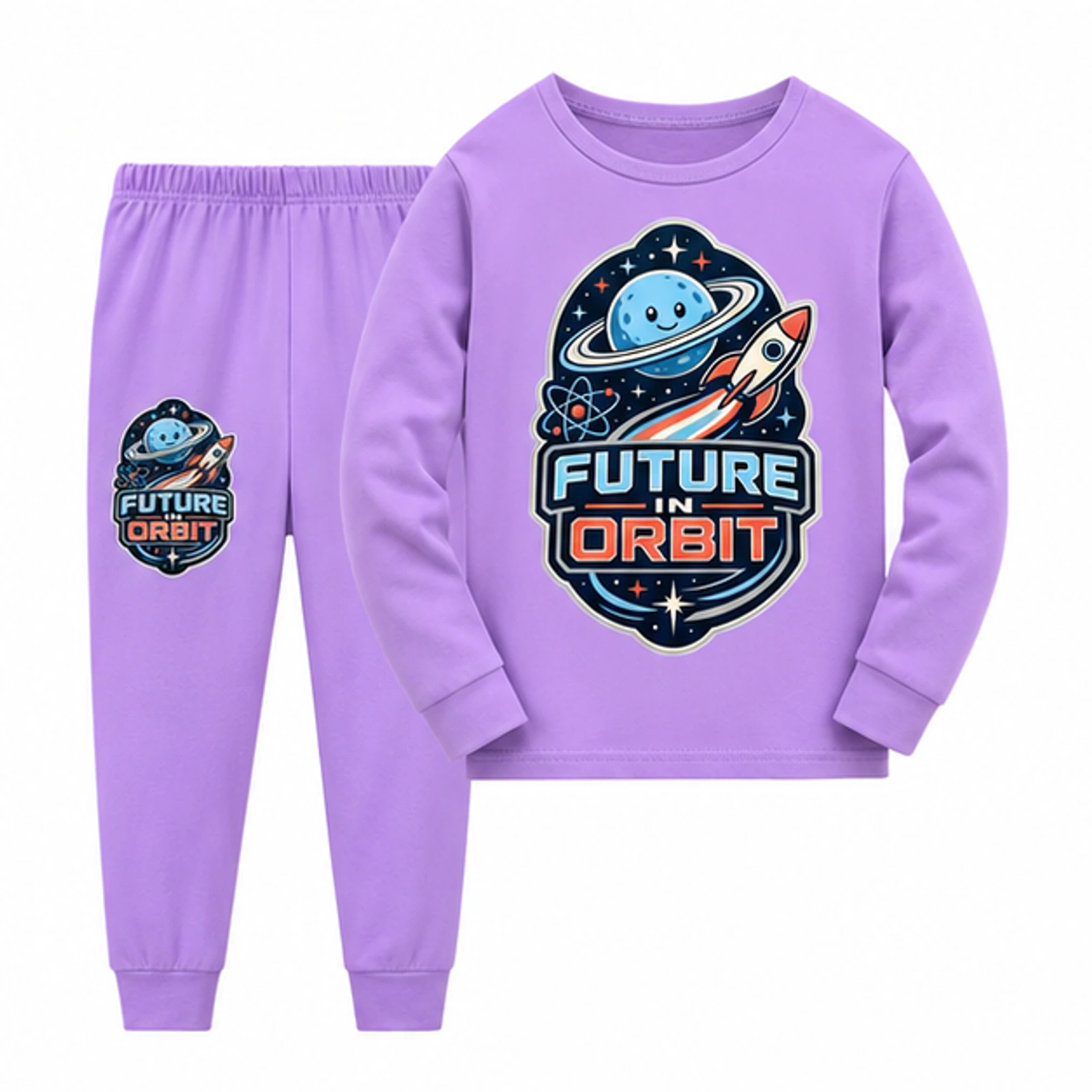 Purple · Long-Sleeve Style option for Future in Orbit Custom Kids Long-Sleeve Top and Pants Set, AI-redrawn from the exact blank product and approved logo reference