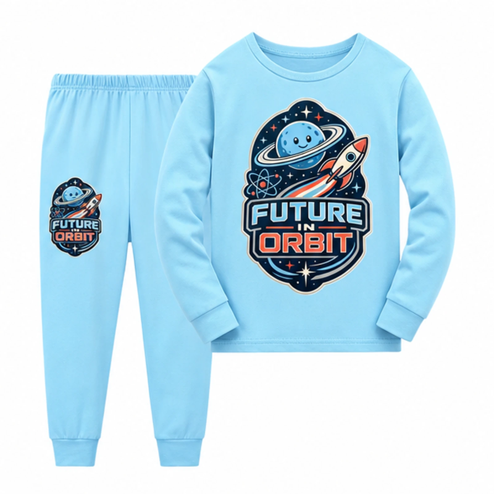 Future in Orbit Custom Kids Long-Sleeve Top and Pants Set, AI-redrawn from the exact blank product and approved logo reference, alternate approved color view