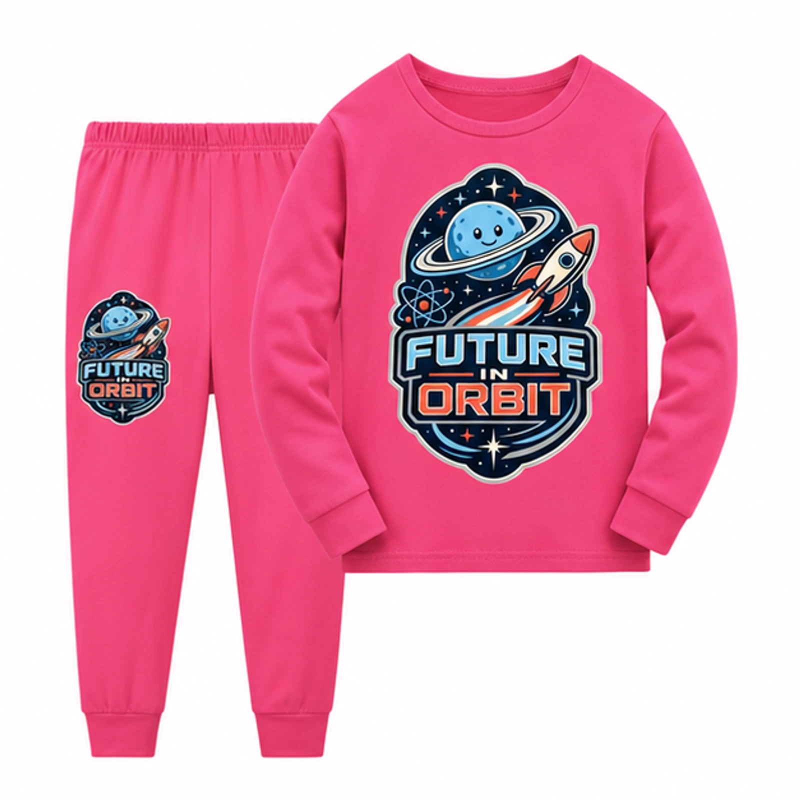 Future in Orbit Custom Kids Long-Sleeve Top and Pants Set, AI-redrawn from the exact blank product and approved logo reference, alternate clean ecommerce view
