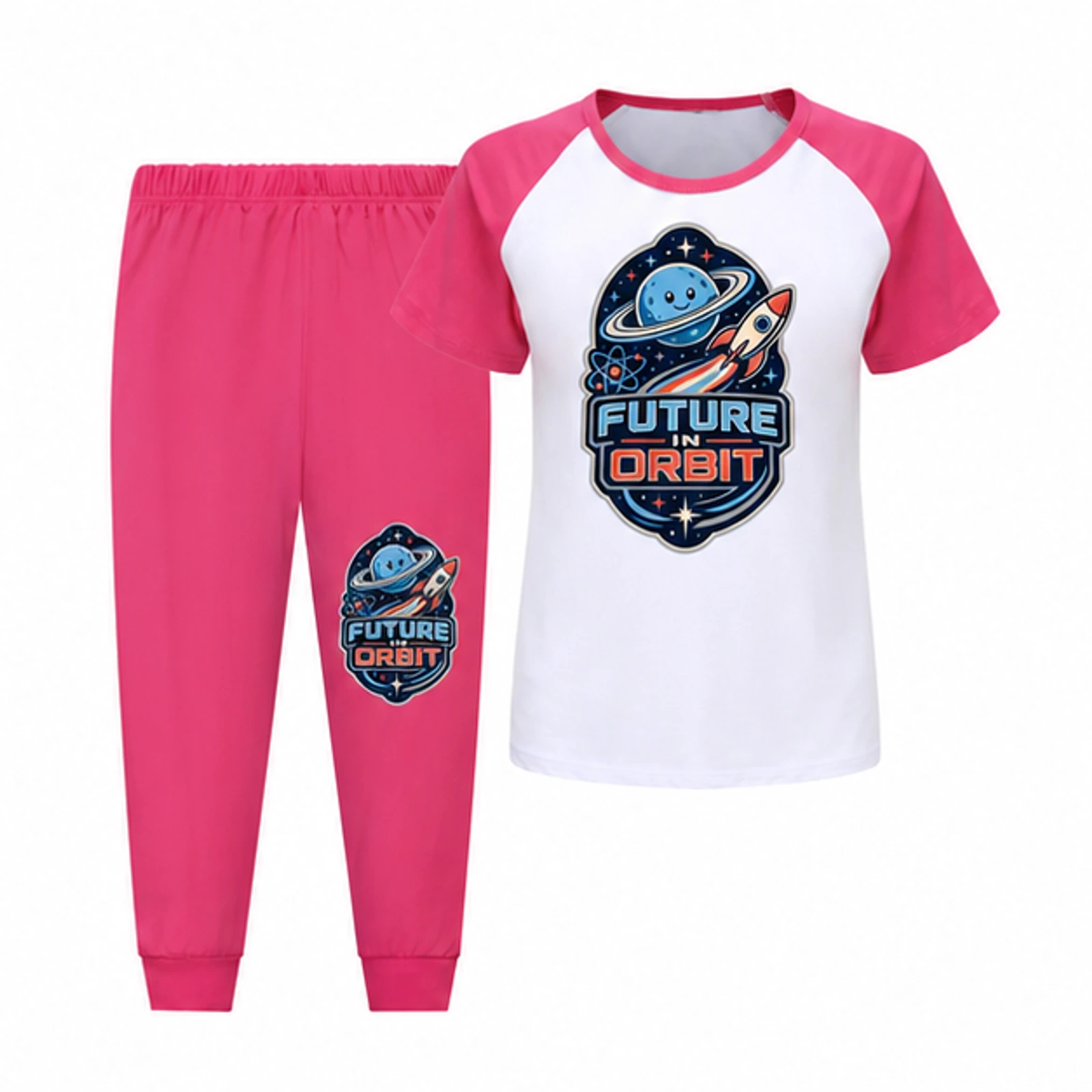 Future in Orbit Custom Kids Short-Sleeve Top and Long Pants Sports Set, AI-redrawn from the exact blank product and approved logo reference, alternate approved color view