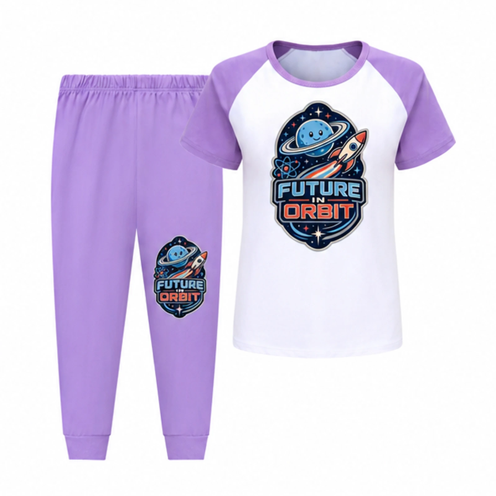 Future in Orbit Custom Kids Short-Sleeve Top and Long Pants Sports Set, AI-redrawn from the exact blank product and approved logo reference, alternate clean ecommerce view