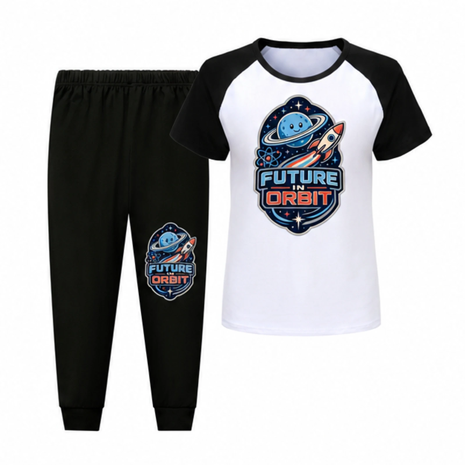 Future in Orbit Custom Kids Short-Sleeve Top and Long Pants Sports Set, AI-redrawn from the exact blank product and approved logo reference