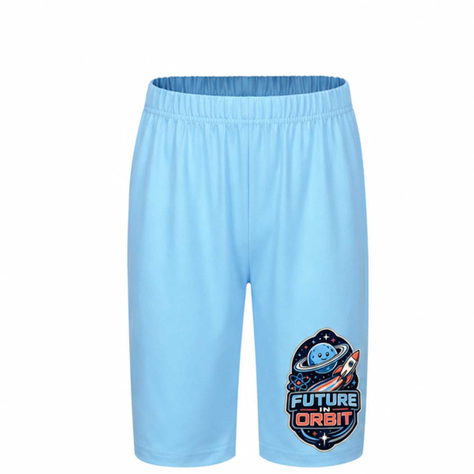 Light Blue option for Future in Orbit Custom Kids Milk-Silk Pajama Shorts, AI-redrawn from the exact blank product and approved logo reference
