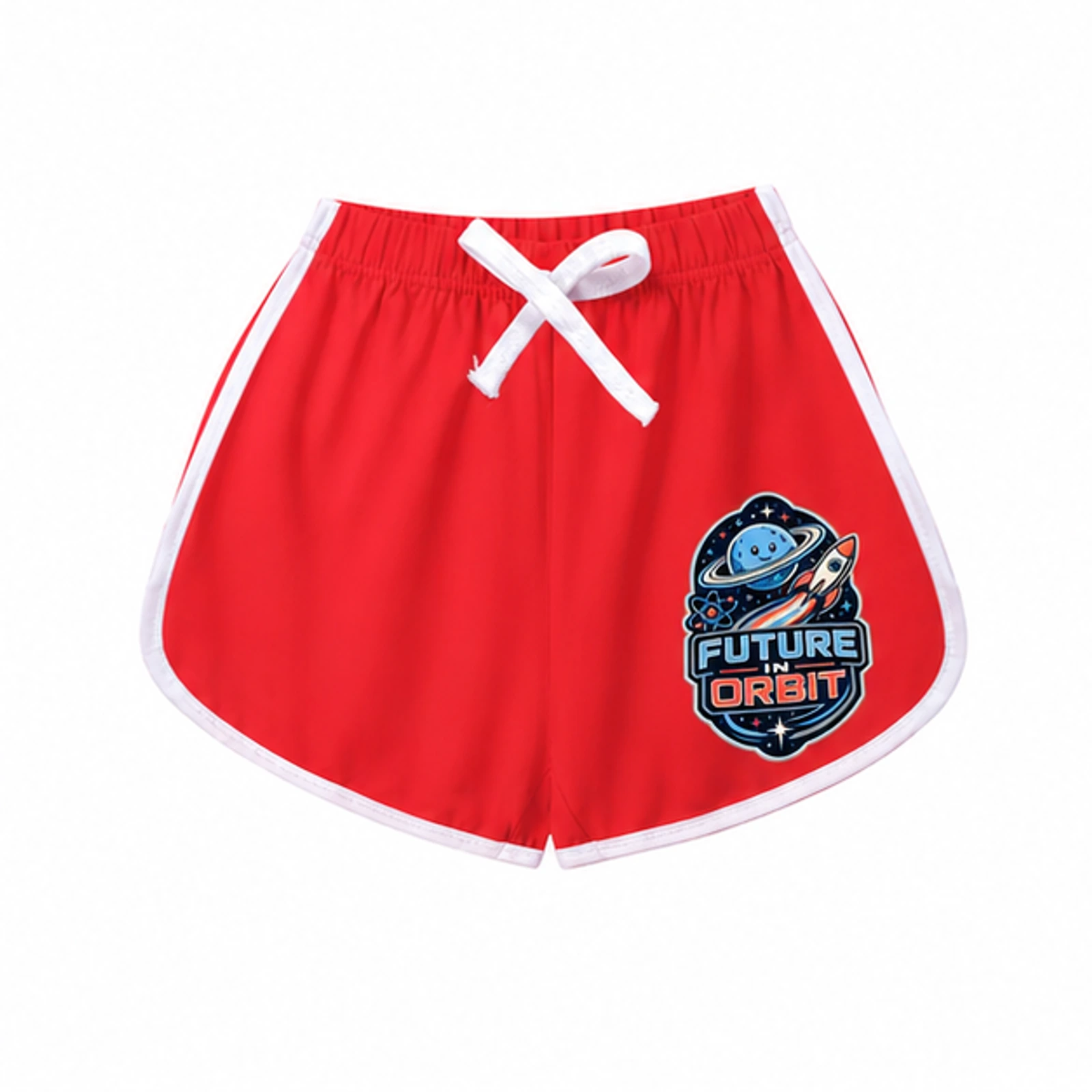 Future in Orbit Custom Kids Milk-Silk Pajama Shorts, AI-redrawn from the exact blank product and approved logo reference, alternate clean ecommerce view