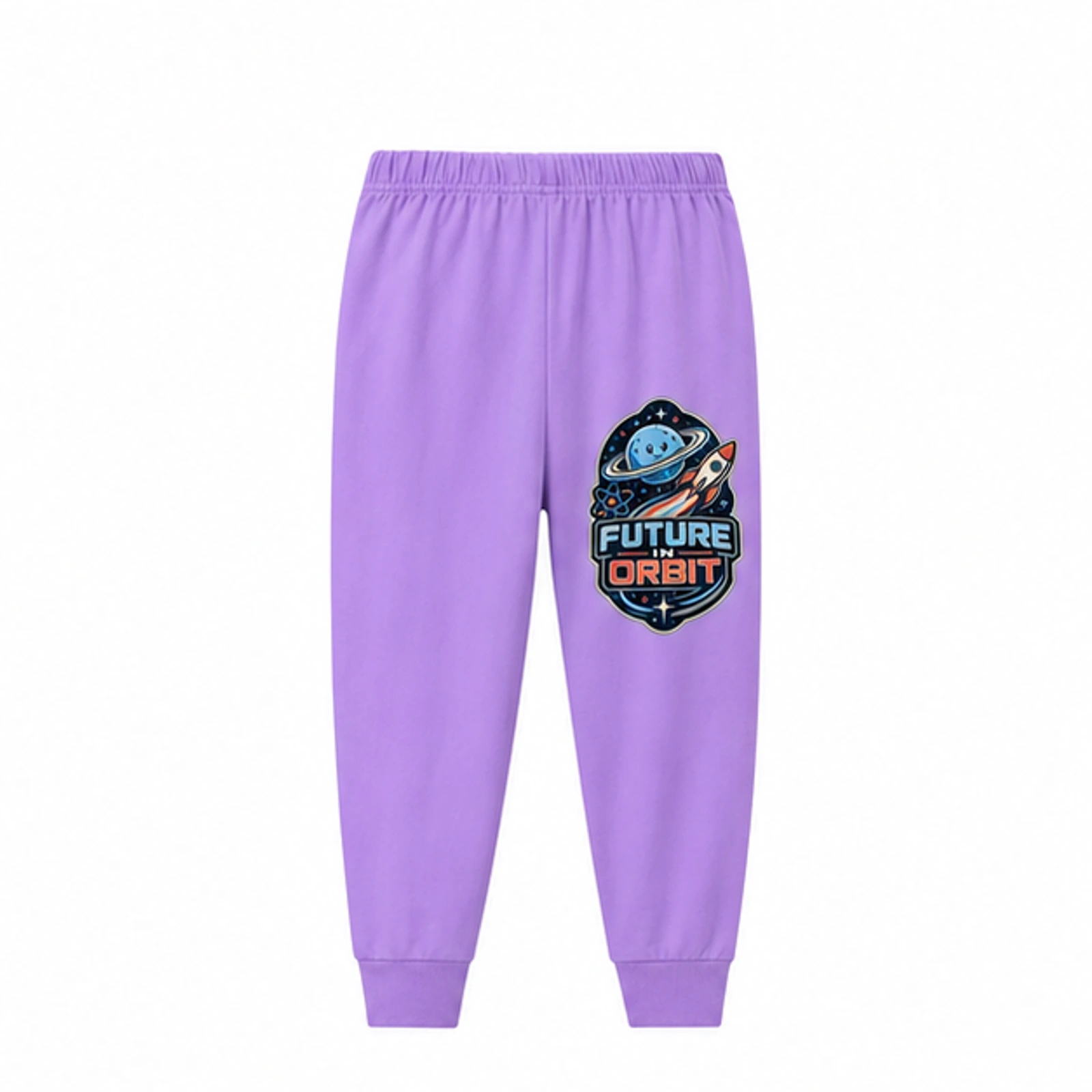 Future in Orbit Custom Kids Long Pajama Pants — Pants Only, AI-redrawn from the exact blank product and approved logo reference, alternate approved color view