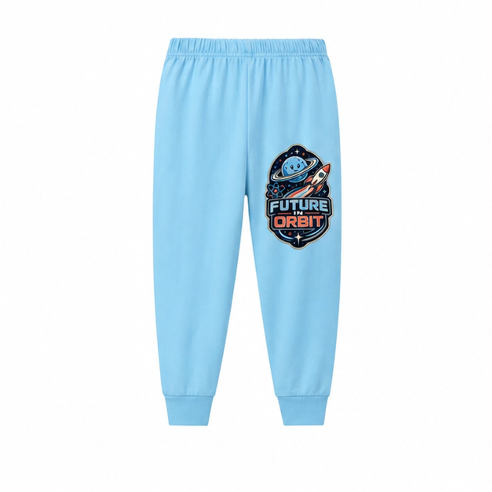 Future in Orbit Custom Kids Long Pajama Pants — Pants Only, AI-redrawn from the exact blank product and approved logo reference, alternate clean ecommerce view