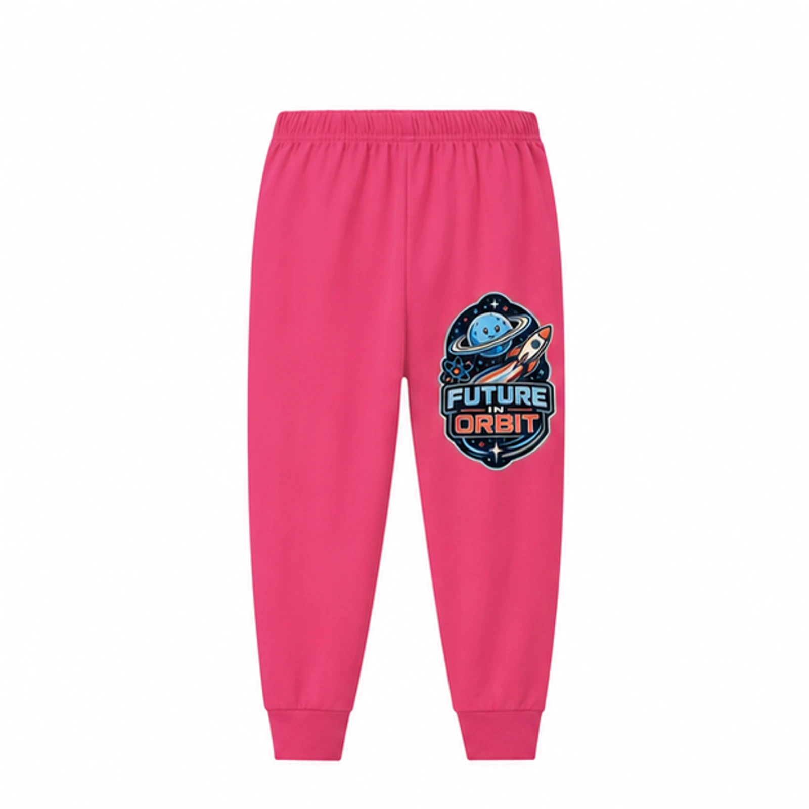 Future in Orbit Custom Kids Long Pajama Pants — Pants Only, AI-redrawn from the exact blank product and approved logo reference