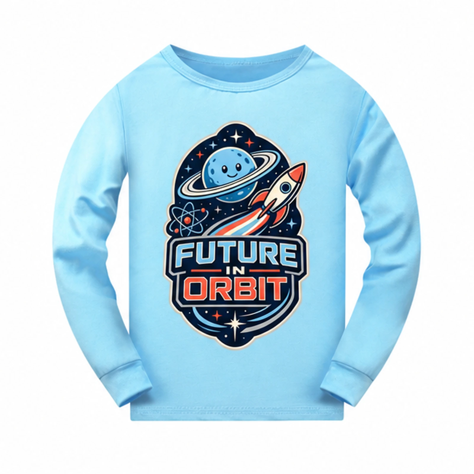 Light Blue · Pajama Top option for Future in Orbit Custom Kids Long-Sleeve Pajama Top, AI-redrawn from the exact blank product and approved logo reference