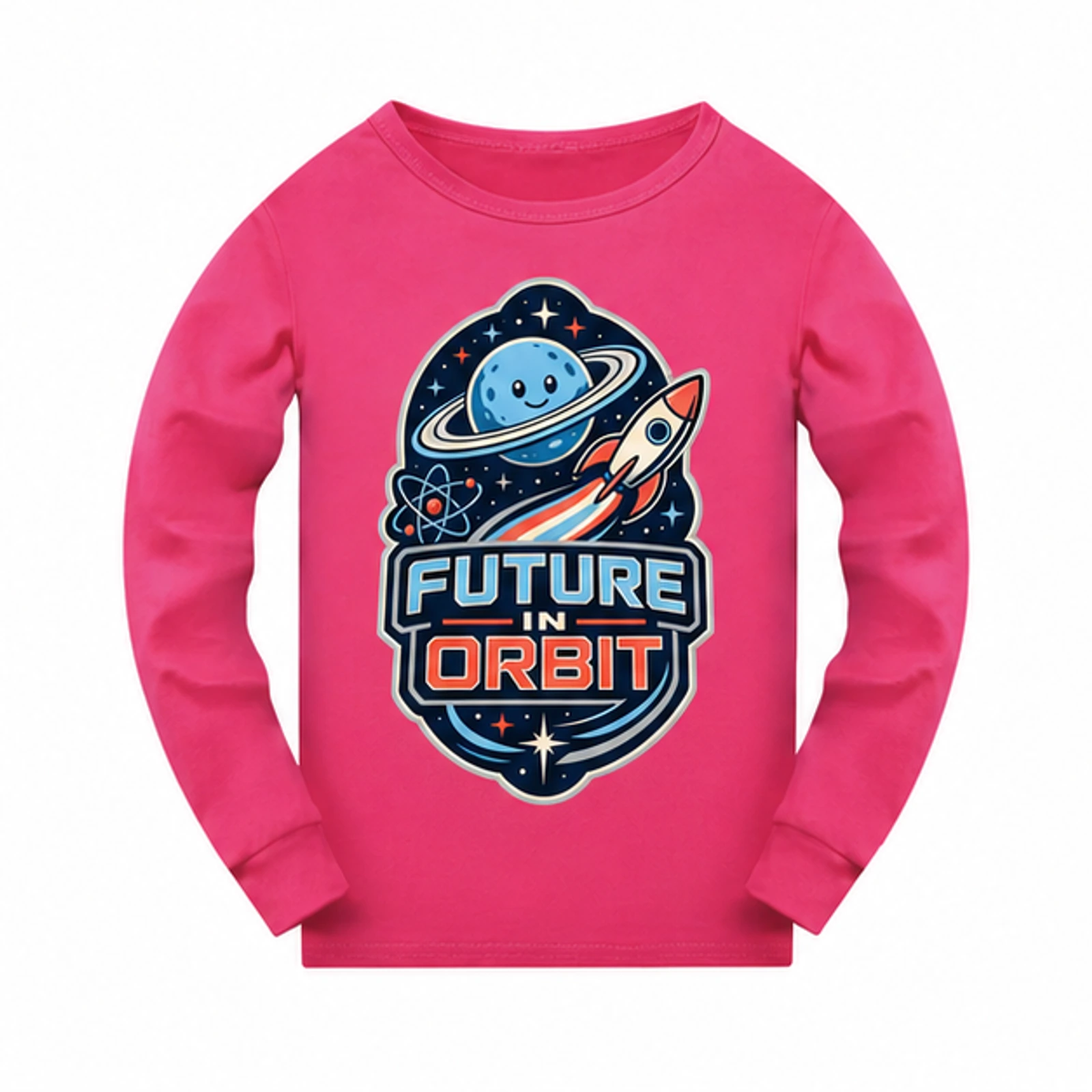 Future in Orbit Custom Kids Long-Sleeve Pajama Top, AI-redrawn from the exact blank product and approved logo reference, alternate clean ecommerce view