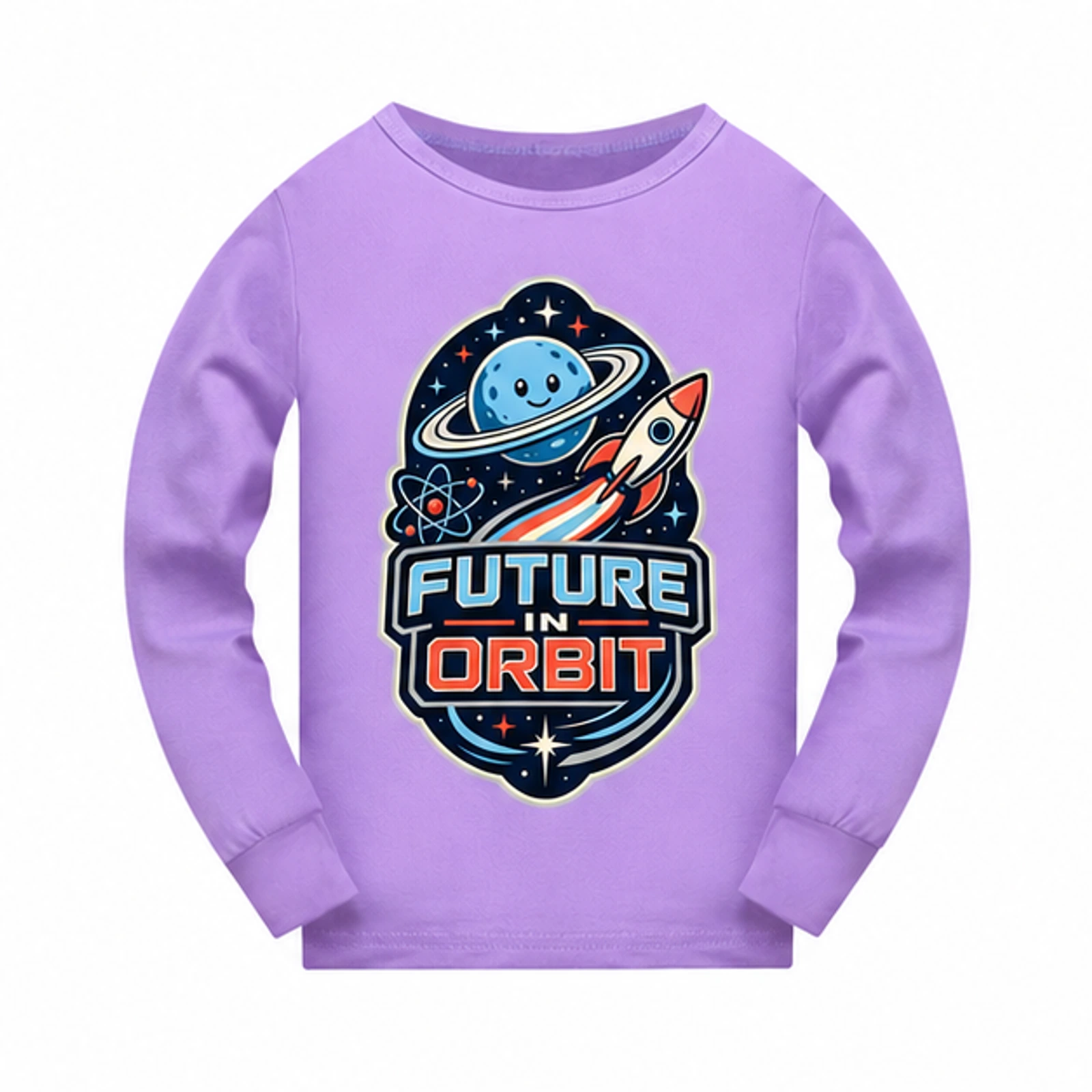 Future in Orbit Custom Kids Long-Sleeve Pajama Top, AI-redrawn from the exact blank product and approved logo reference