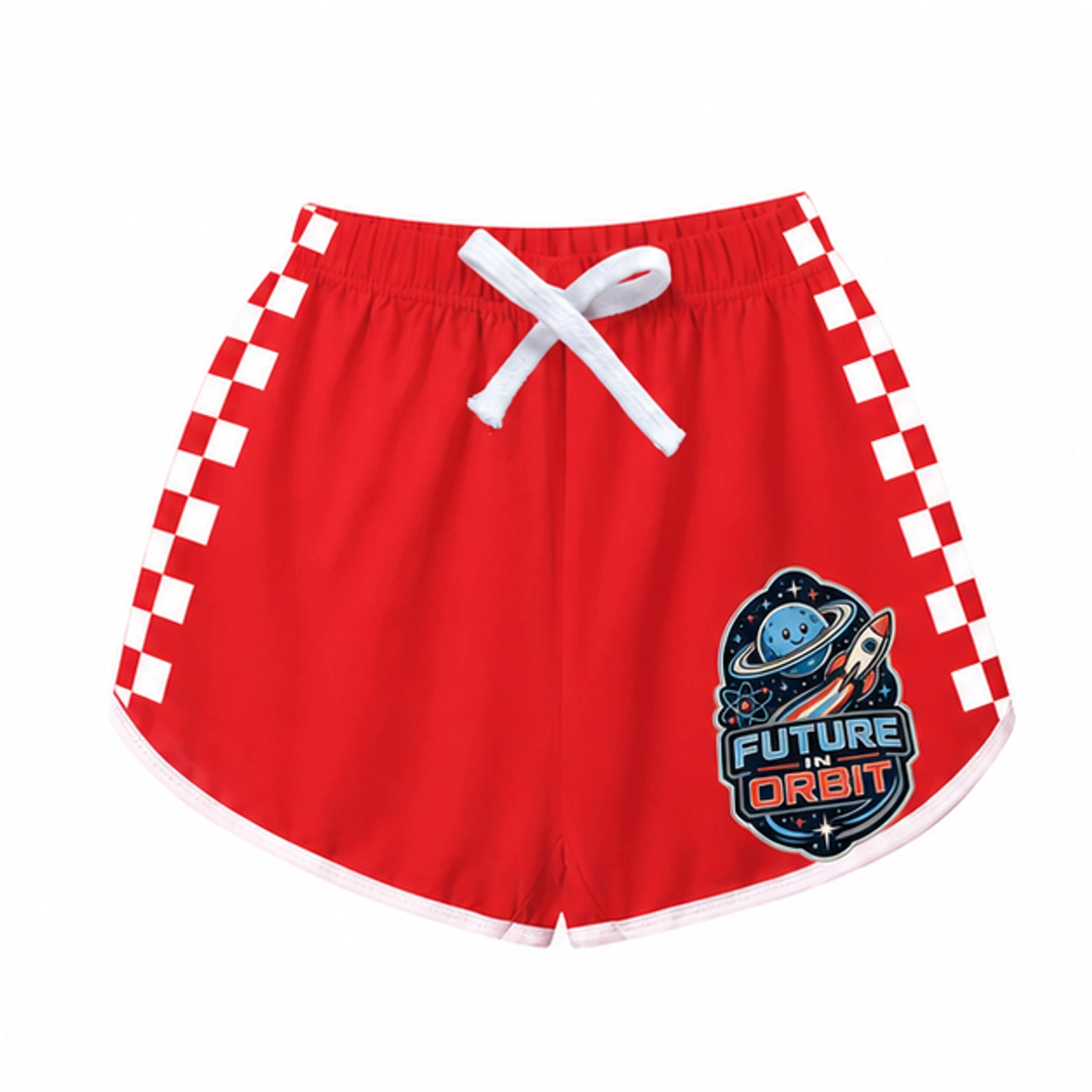 Red · Polka-Dot Style option for Future in Orbit Custom Kids Checker-Stripe Pajama Shorts, AI-redrawn from the exact blank product and approved logo reference