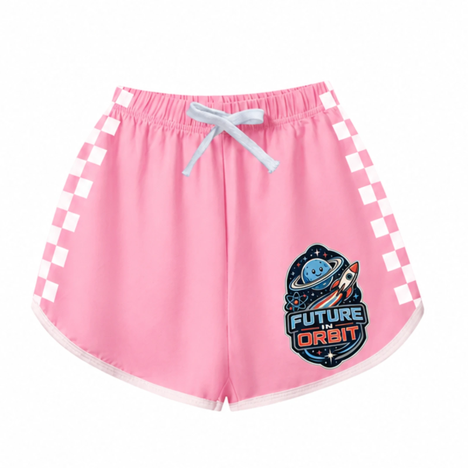 Future in Orbit Custom Kids Checker-Stripe Pajama Shorts, AI-redrawn from the exact blank product and approved logo reference, alternate approved color view