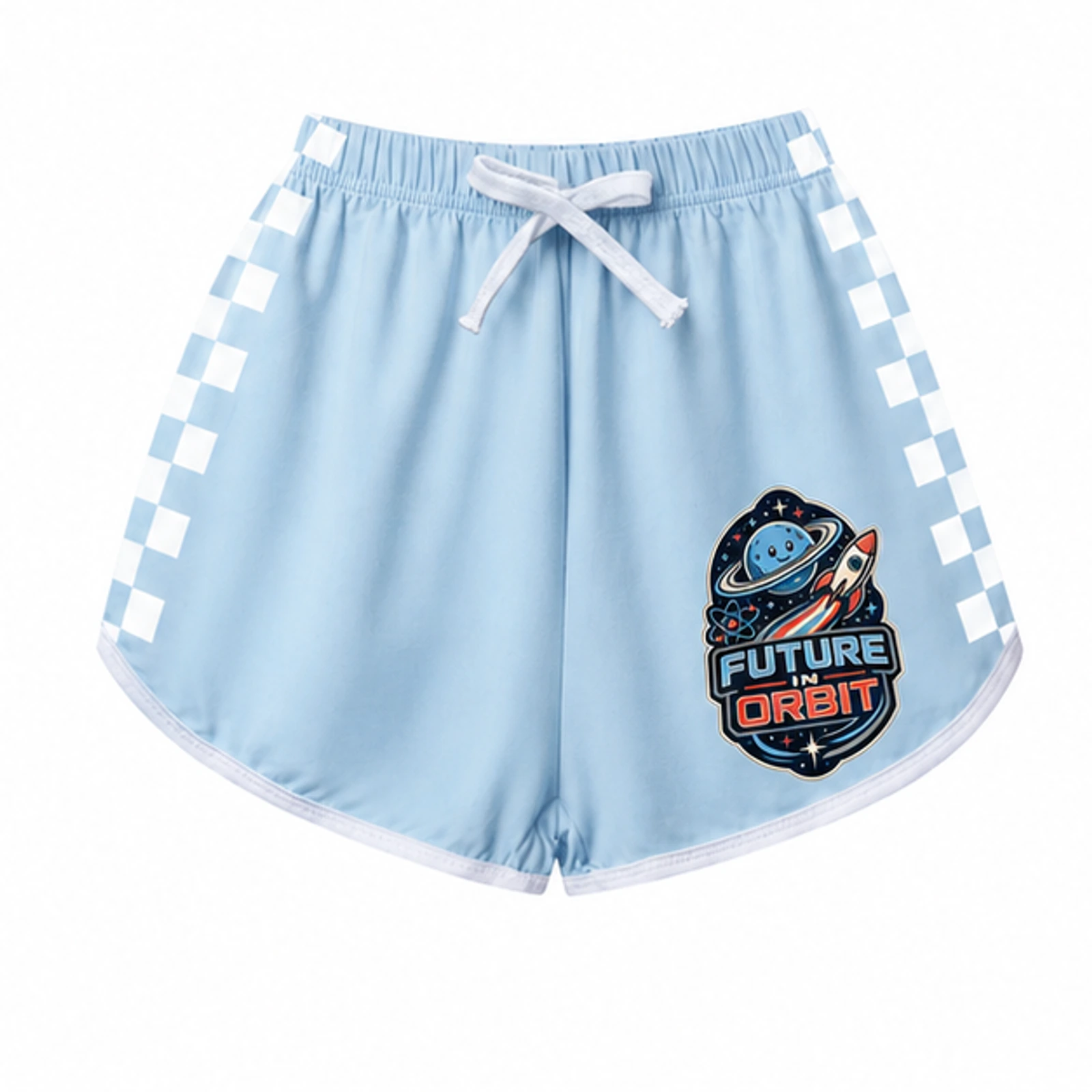 Future in Orbit Custom Kids Checker-Stripe Pajama Shorts, AI-redrawn from the exact blank product and approved logo reference, alternate clean ecommerce view