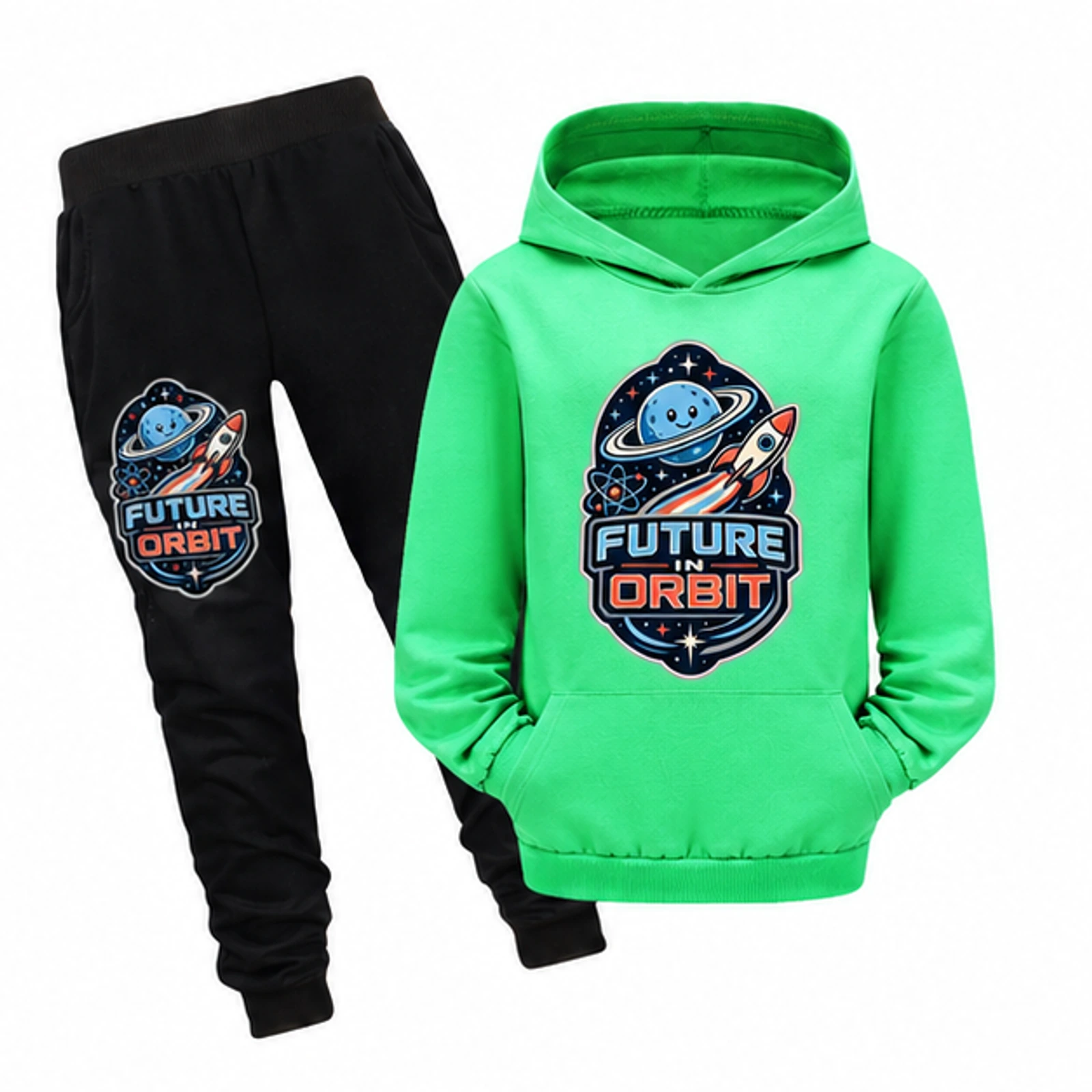 Future in Orbit Custom Kids Pullover Hoodie and Jogger Set, AI-redrawn from the exact blank product and approved logo reference, alternate approved color view
