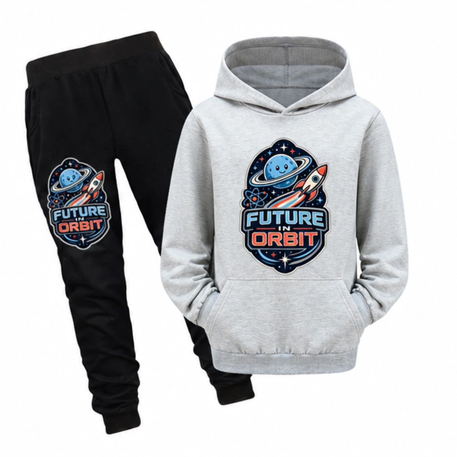Future in Orbit Custom Kids Pullover Hoodie and Jogger Set, AI-redrawn from the exact blank product and approved logo reference, alternate clean ecommerce view