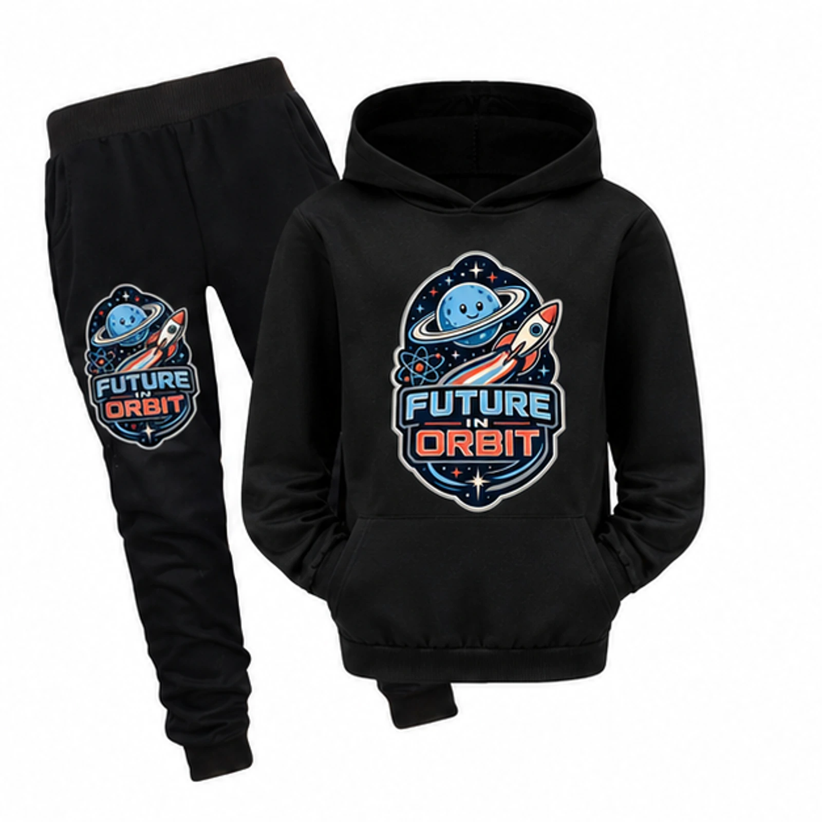 Future in Orbit Custom Kids Pullover Hoodie and Jogger Set, AI-redrawn from the exact blank product and approved logo reference
