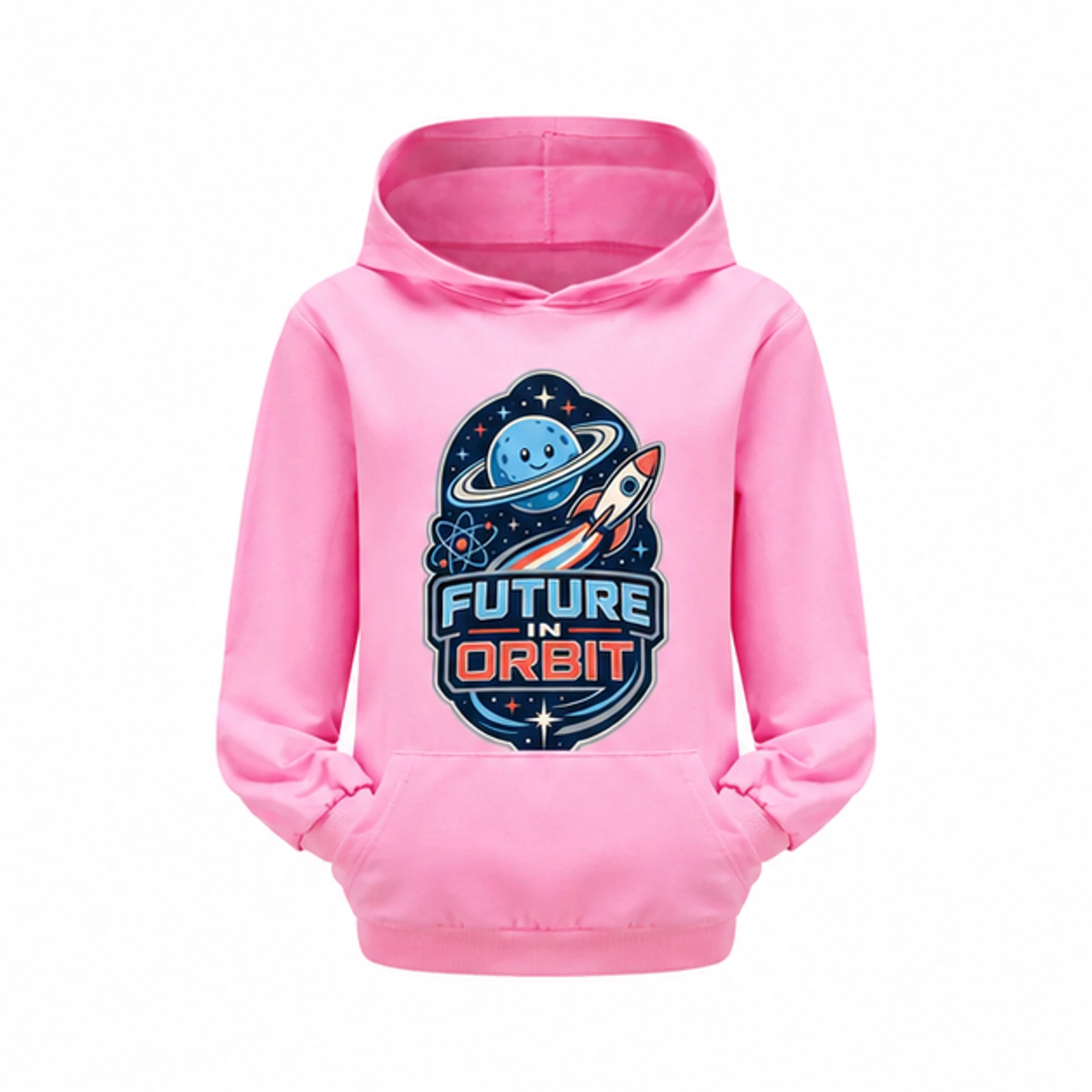 Future in Orbit Custom Kids Pullover Hoodie, AI-redrawn from the exact blank product and approved logo reference, alternate approved color view