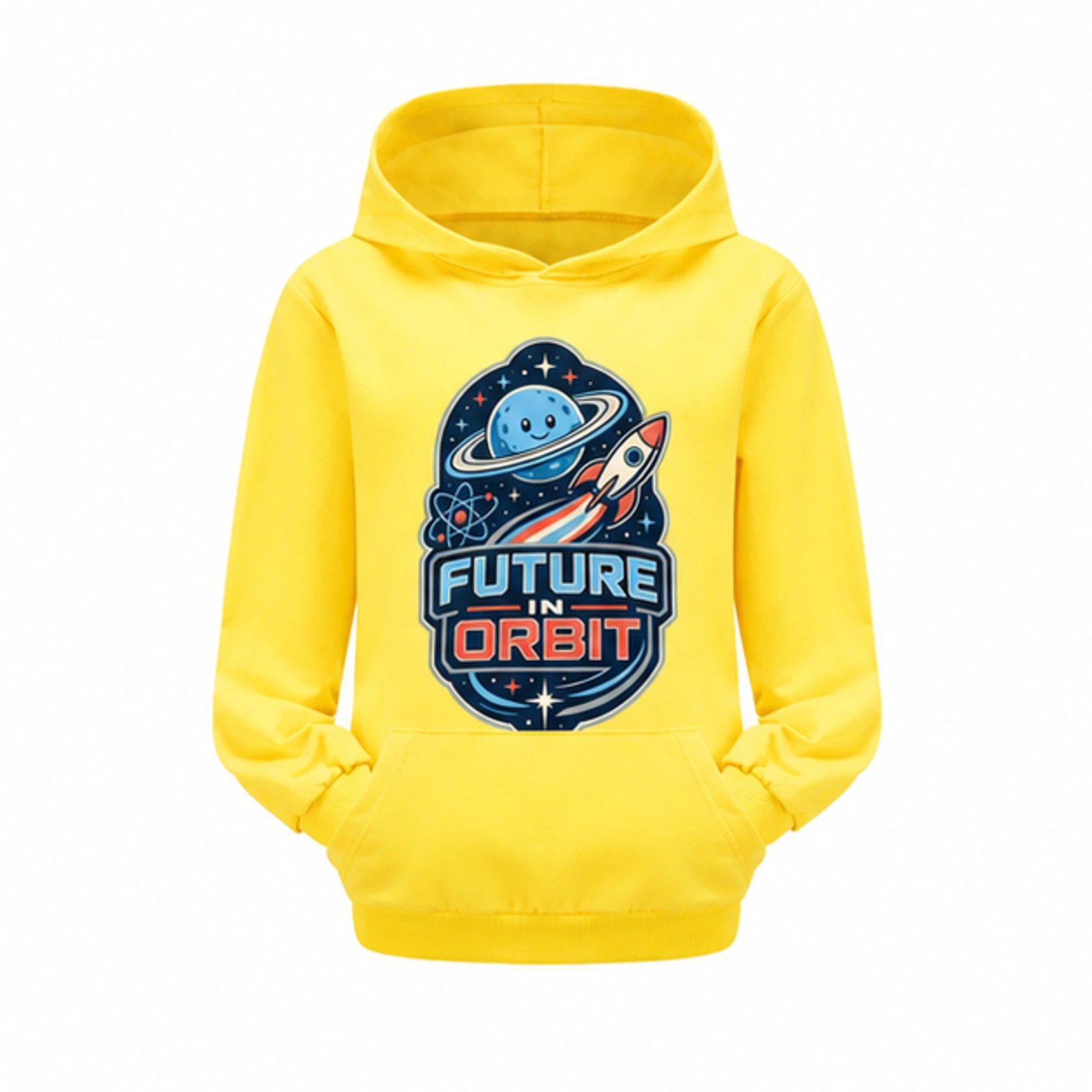 Future in Orbit Custom Kids Pullover Hoodie, AI-redrawn from the exact blank product and approved logo reference, alternate clean ecommerce view