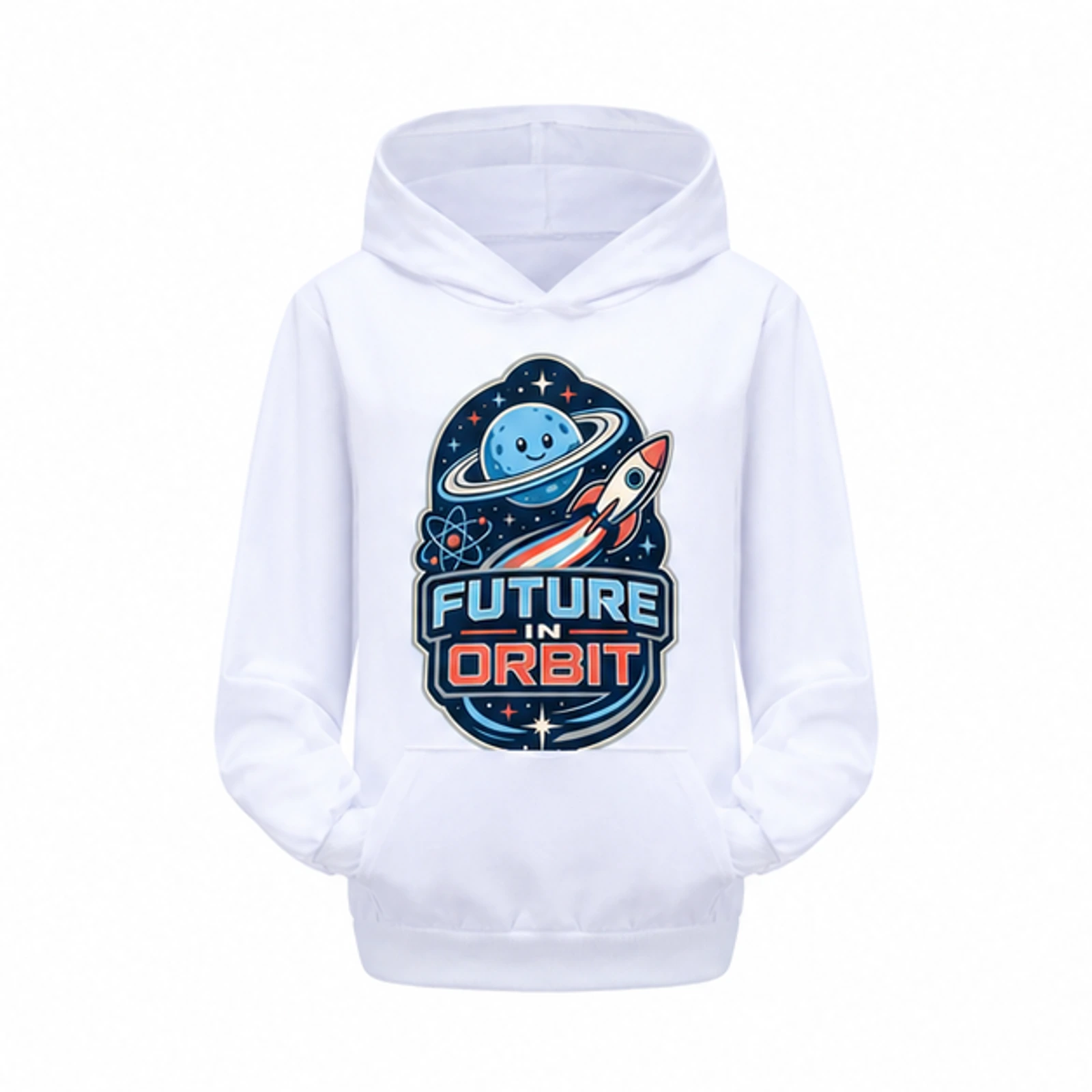 Future in Orbit Custom Kids Pullover Hoodie, AI-redrawn from the exact blank product and approved logo reference