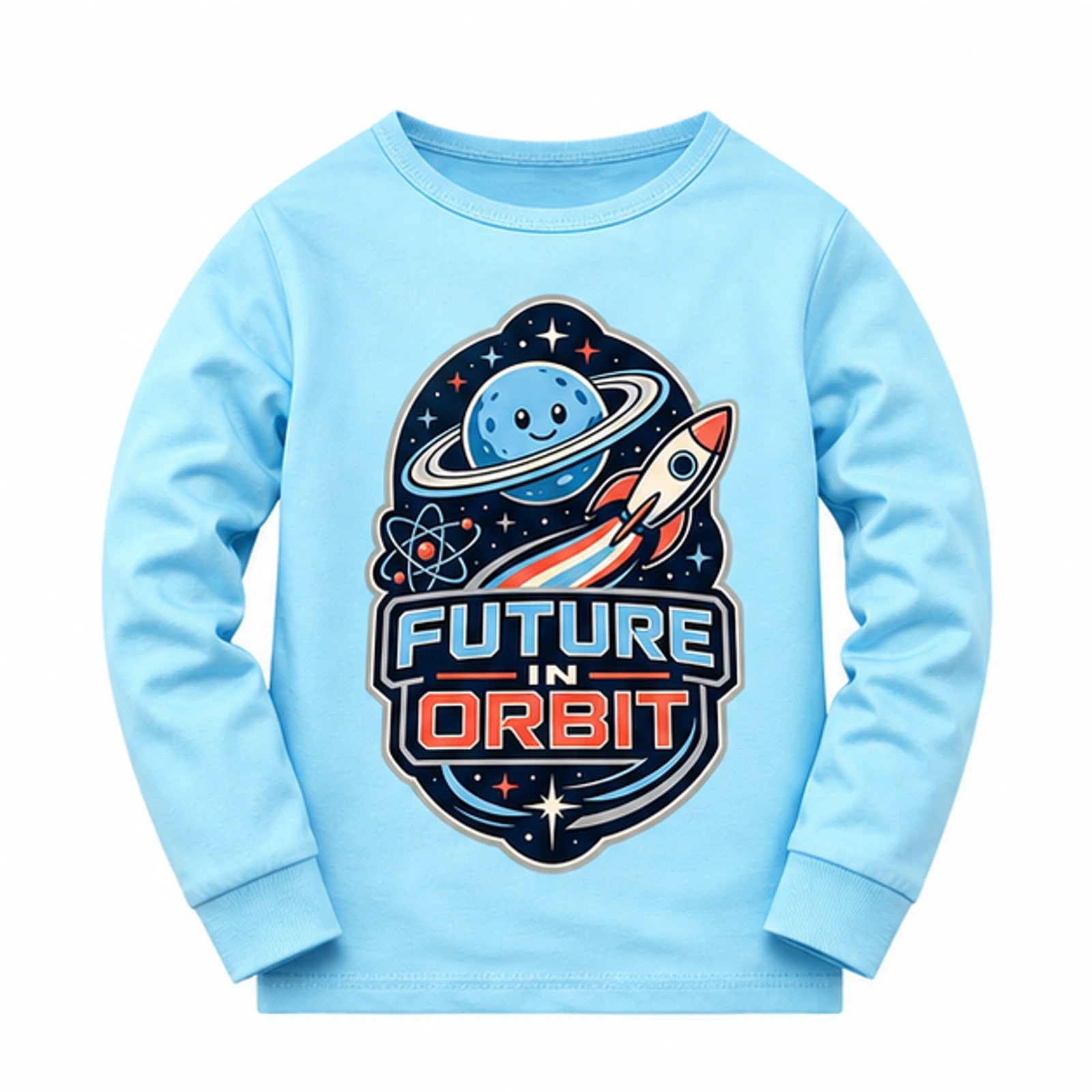Light Blue · Long-Sleeve Style option for Future in Orbit Custom Kids Soft Long-Sleeve Top, AI-redrawn from the exact blank product and approved logo reference