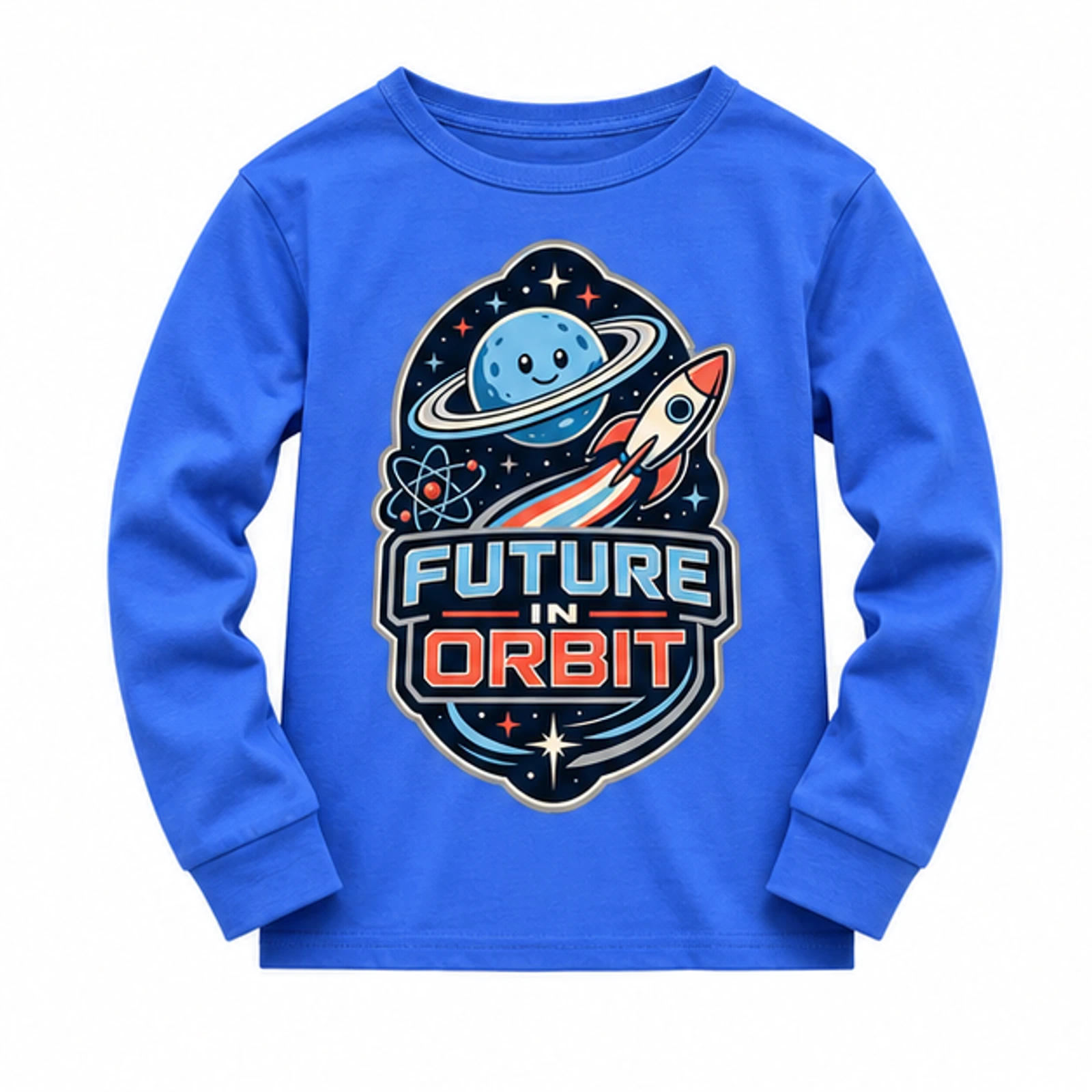 Blue · Long-Sleeve Style option for Future in Orbit Custom Kids Soft Long-Sleeve Top, AI-redrawn from the exact blank product and approved logo reference