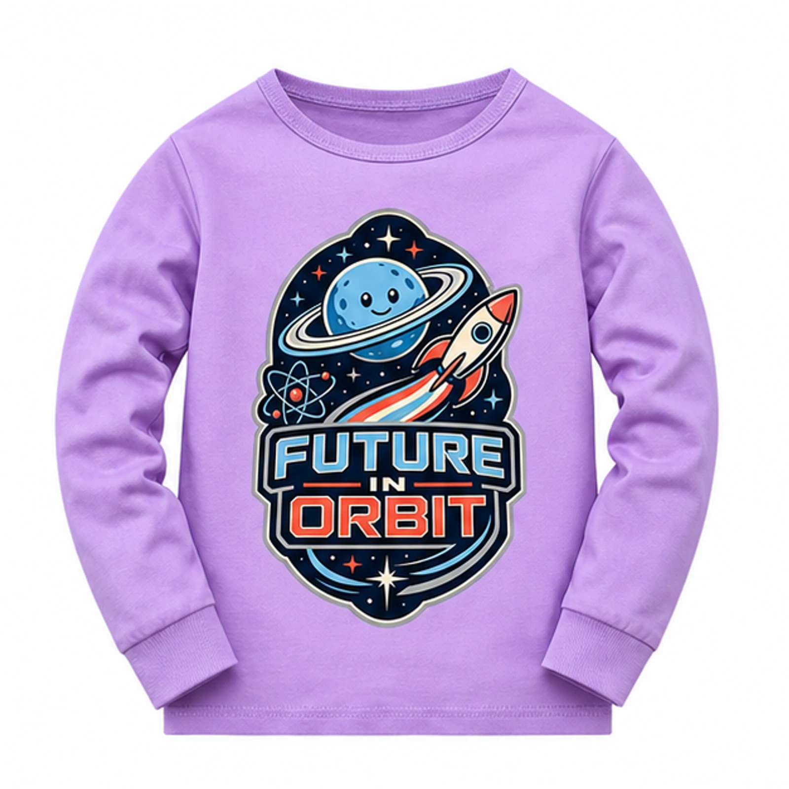 Future in Orbit Custom Kids Soft Long-Sleeve Top, AI-redrawn from the exact blank product and approved logo reference, alternate approved color view