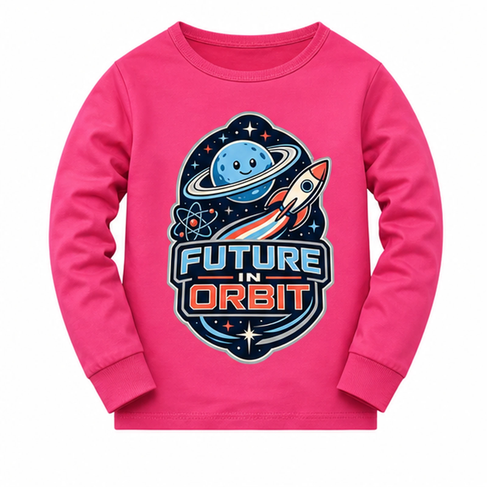 Future in Orbit Custom Kids Soft Long-Sleeve Top, AI-redrawn from the exact blank product and approved logo reference, alternate clean ecommerce view