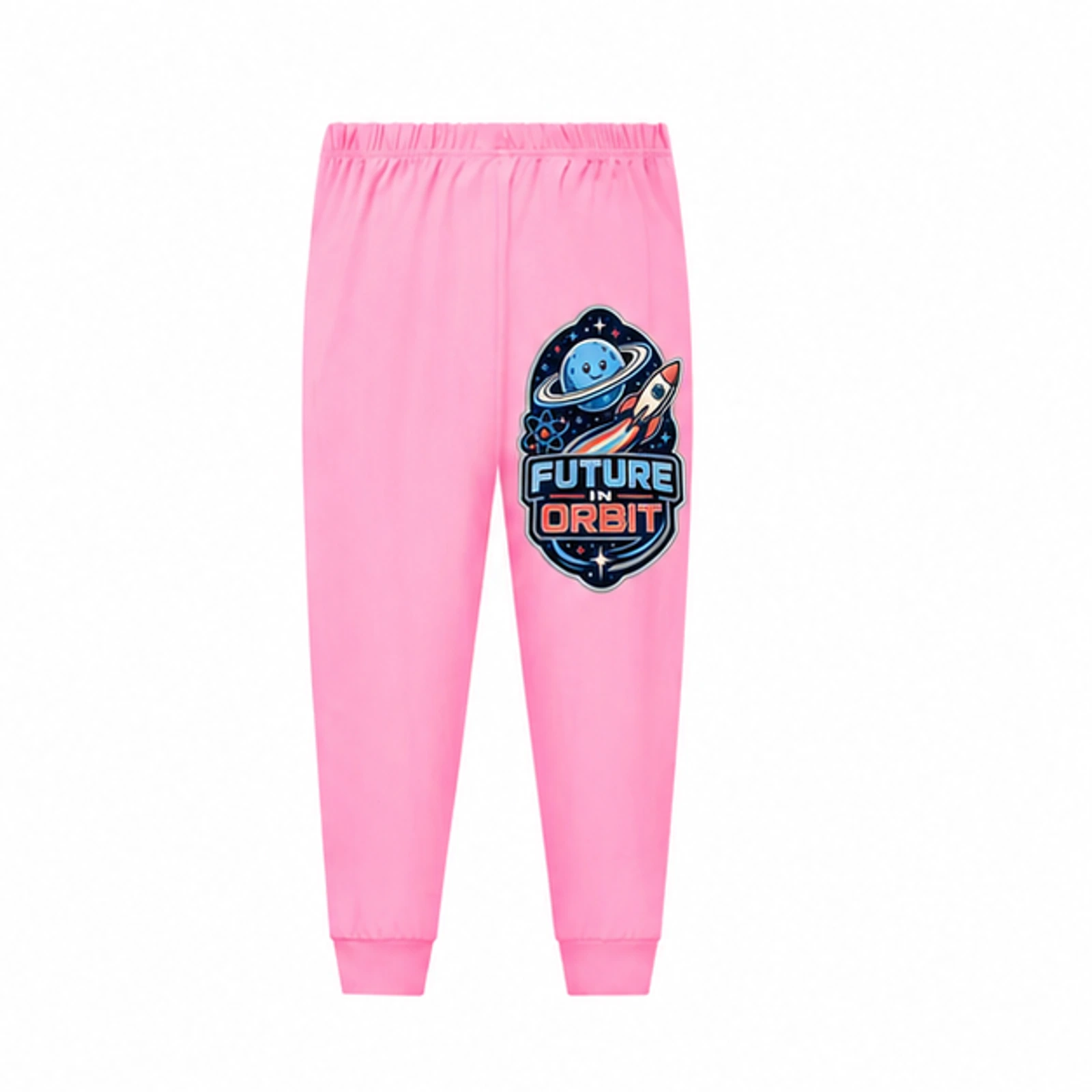 Future in Orbit Custom Kids Soft Pajama Pants, AI-redrawn from the exact blank product and approved logo reference, alternate approved color view