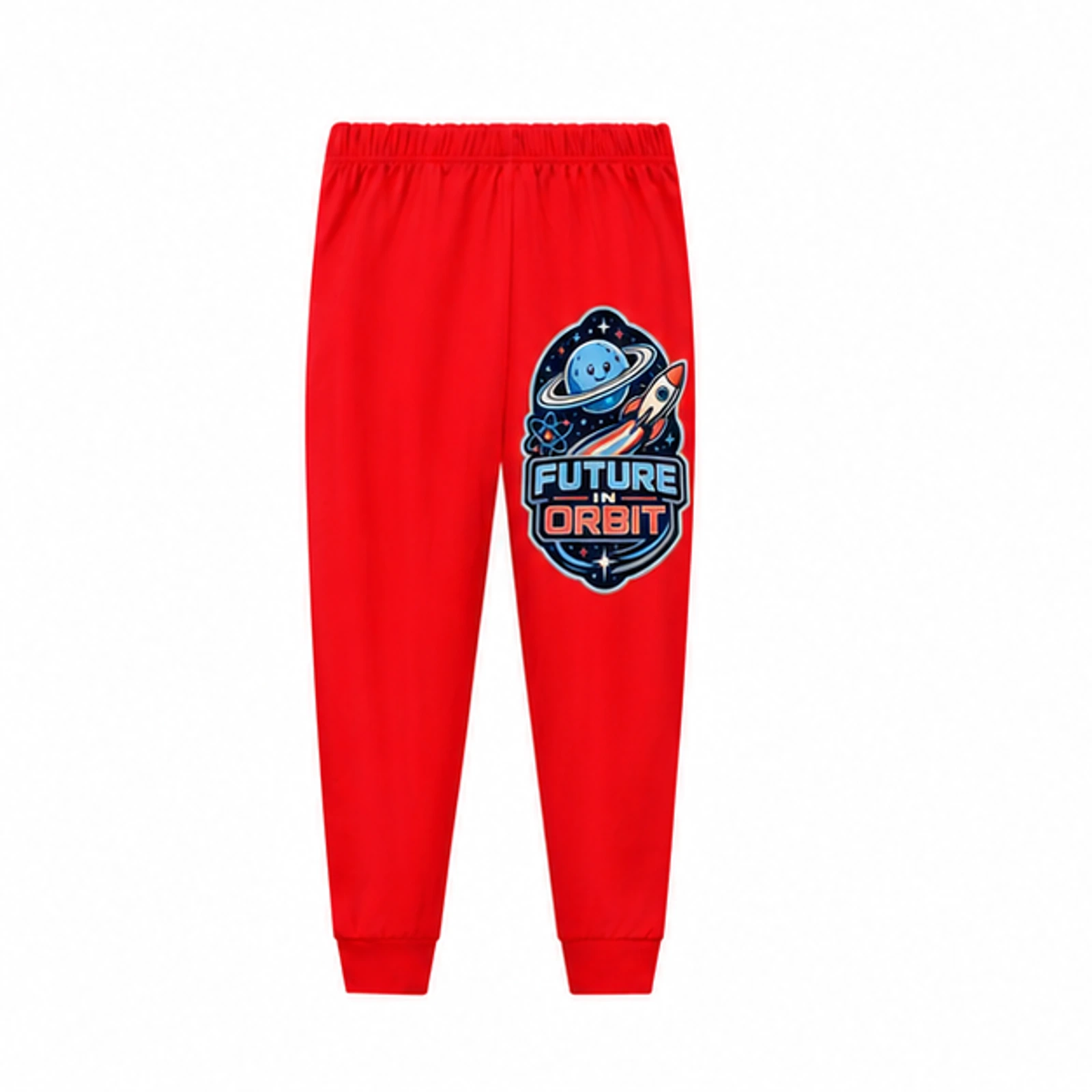 Future in Orbit Custom Kids Soft Pajama Pants, AI-redrawn from the exact blank product and approved logo reference, alternate clean ecommerce view