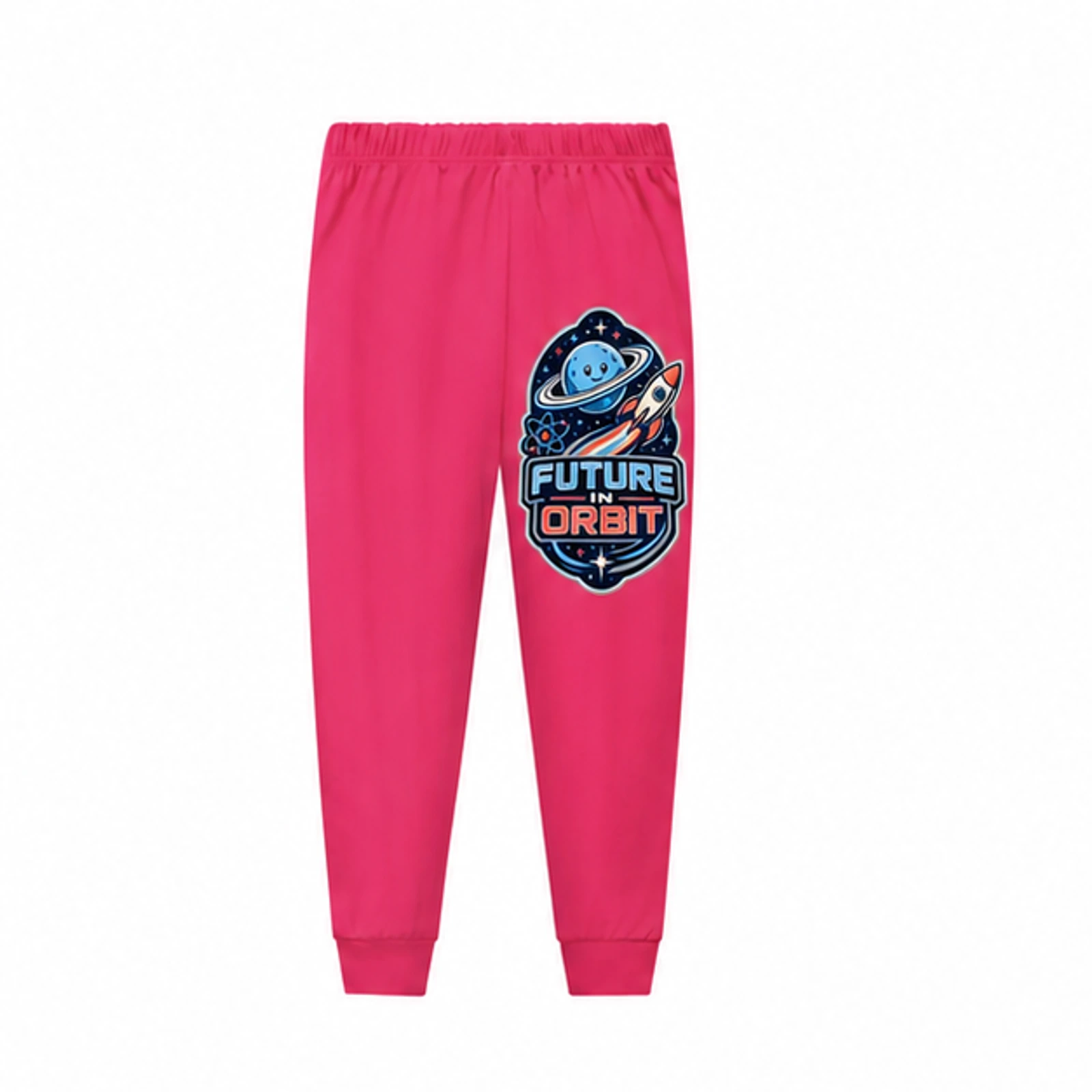 Future in Orbit Custom Kids Soft Pajama Pants, AI-redrawn from the exact blank product and approved logo reference